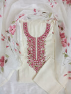 Off-White Jam Silk Unstitched Salwar Kameez Suit with Floral Printed Dupatta