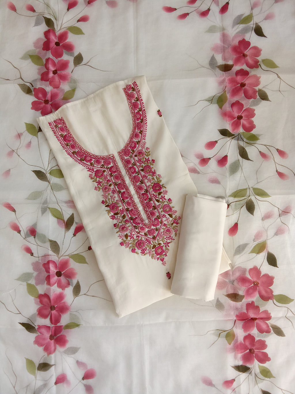 Off-White Jam Silk Unstitched Salwar Kameez Suit with Floral Printed Dupatta