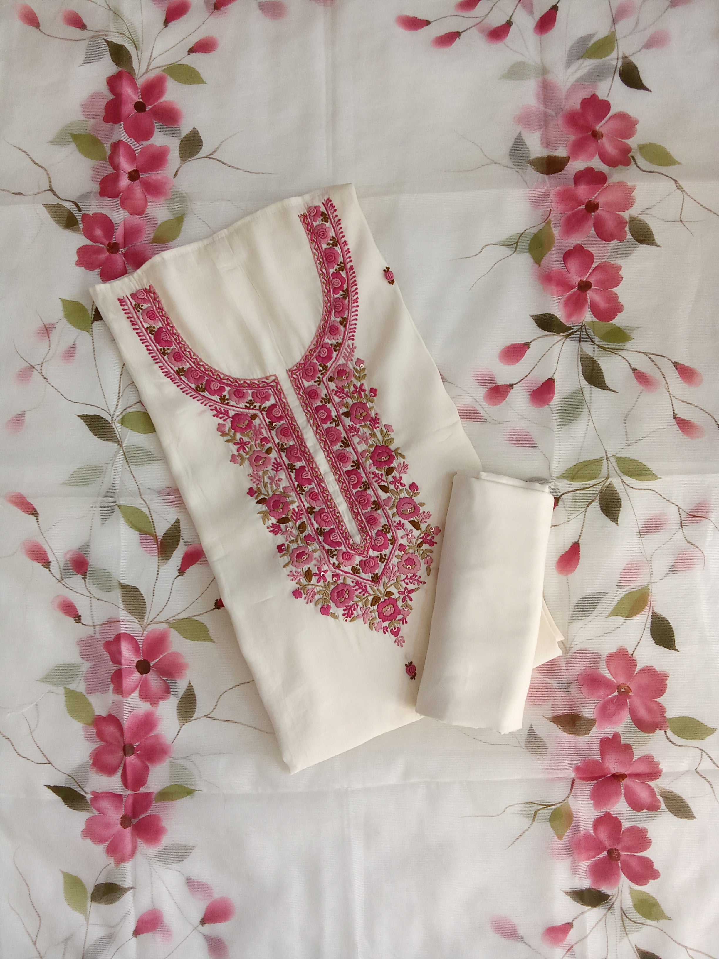 Off-White Jam Silk Unstitched Salwar Kameez Suit with Floral Printed Dupatta