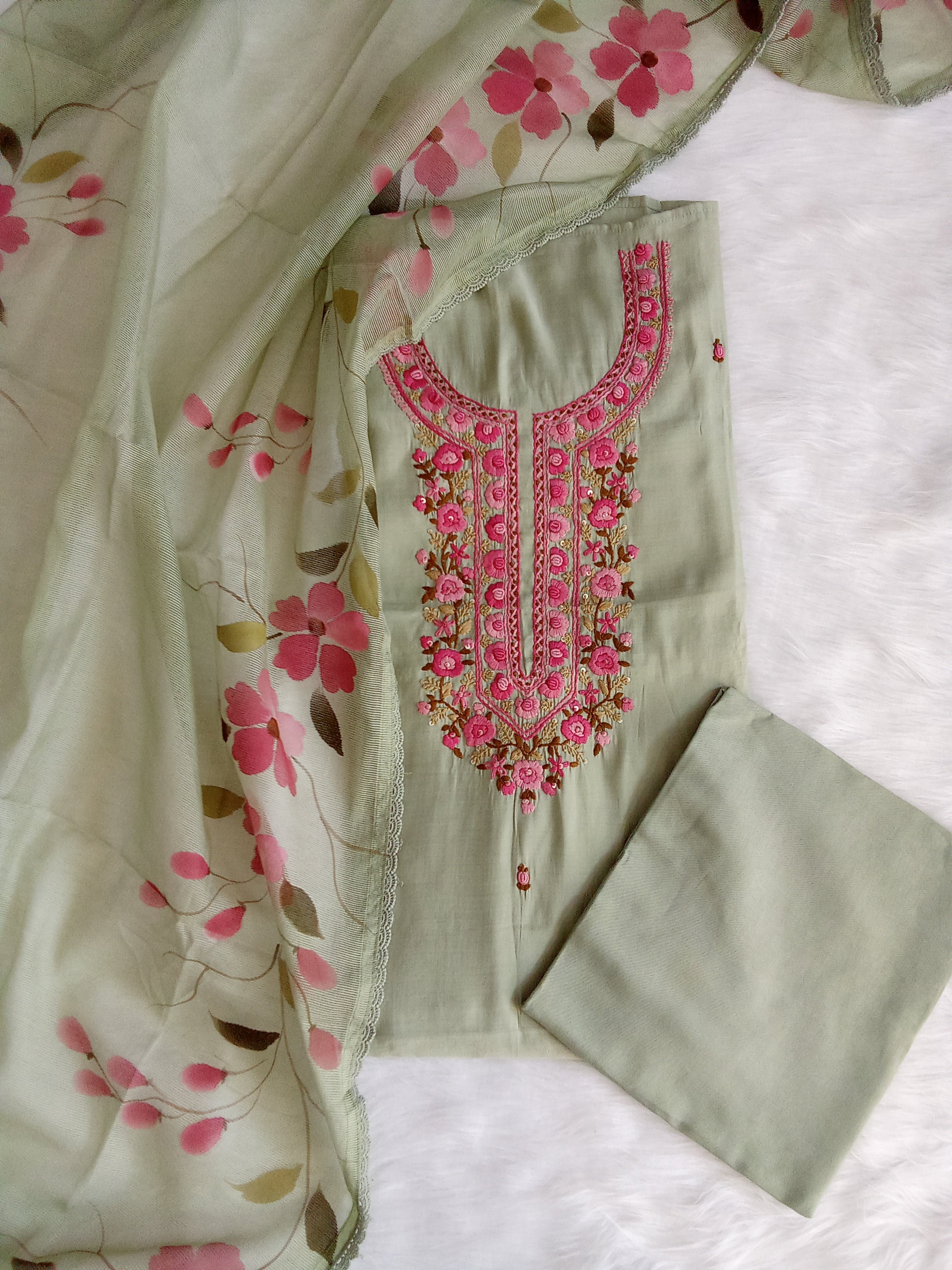 Green Jam Silk Unstitched Salwar Kameez Suit with Floral Printed Dupatta
