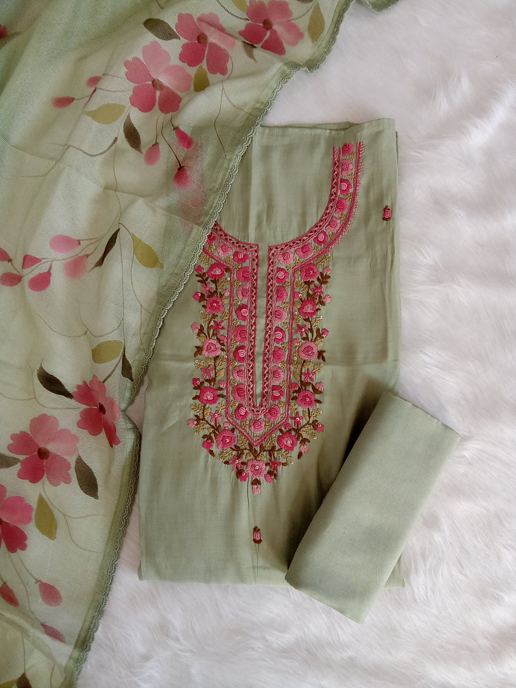 Green Jam Silk Unstitched Salwar Kameez Suit with Floral Printed Dupatta