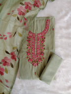 Green Jam Silk Unstitched Salwar Kameez Suit with Floral Printed Dupatta