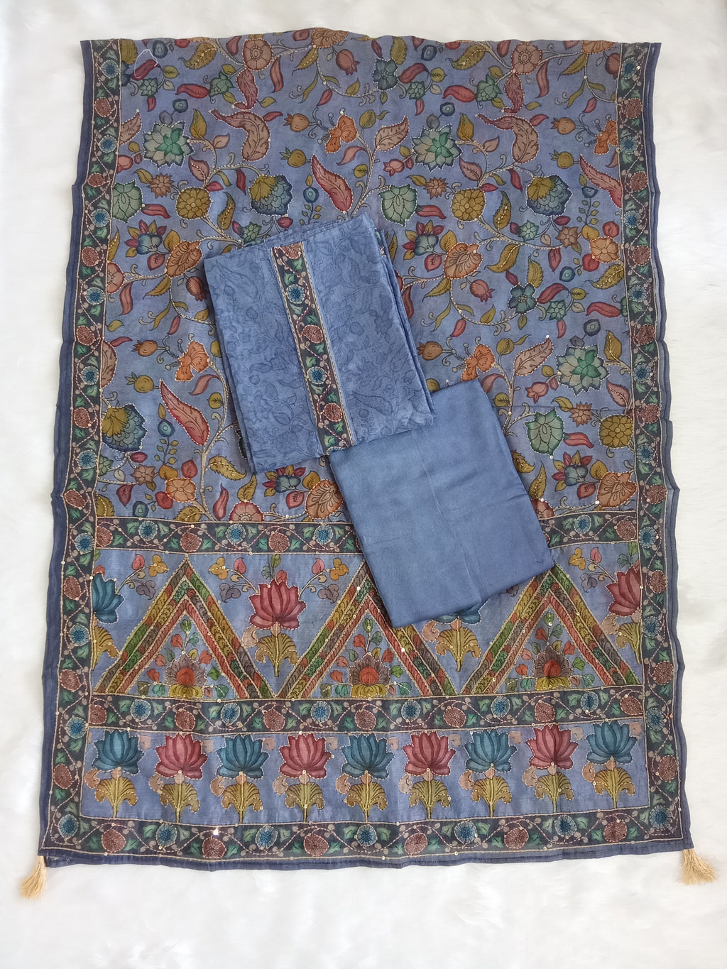 Blue Salwar Kameez with Kantha Work Dupatta & Plain Bottom