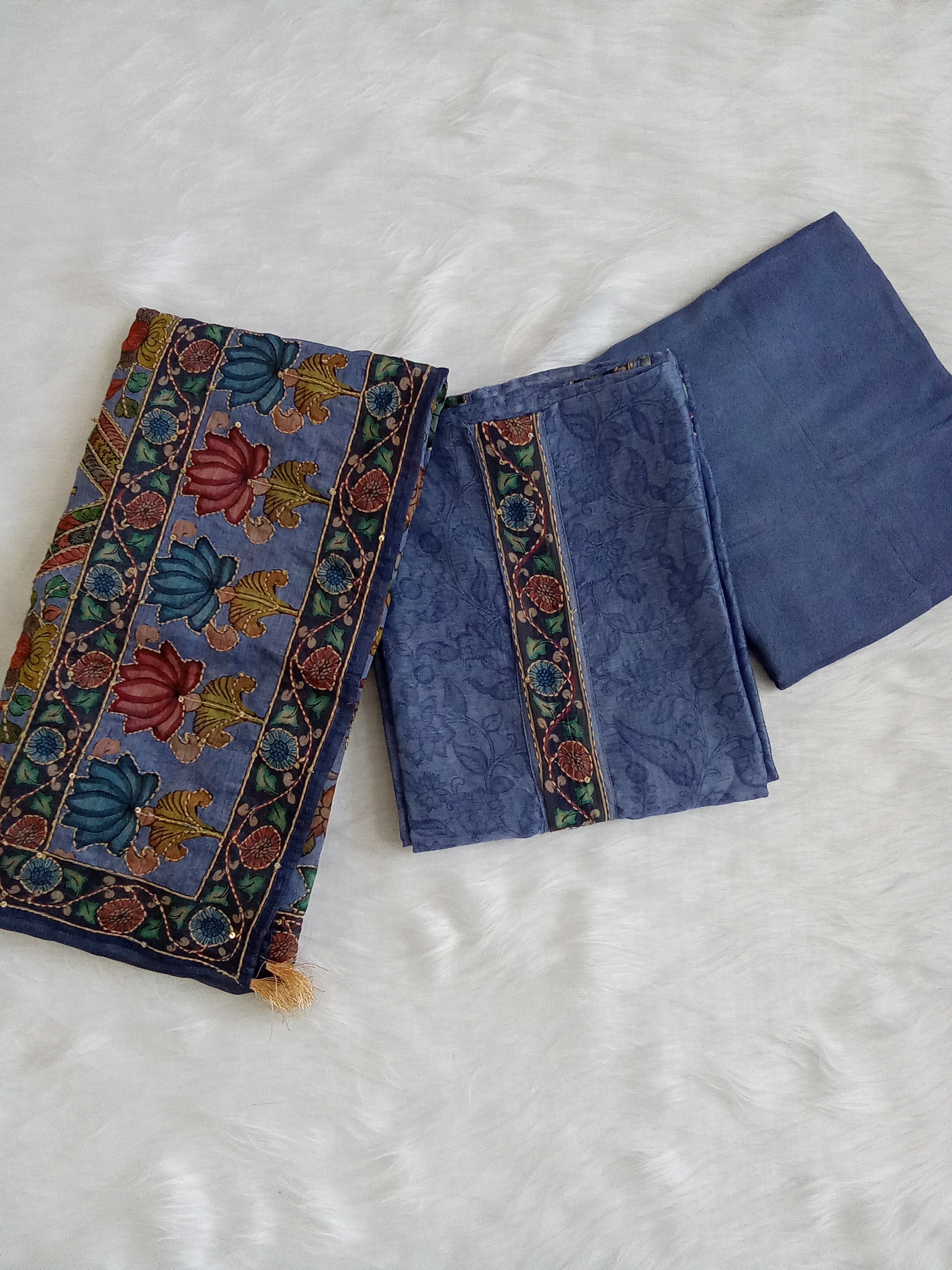 Blue Salwar Kameez with Kantha Work Dupatta & Plain Bottom
