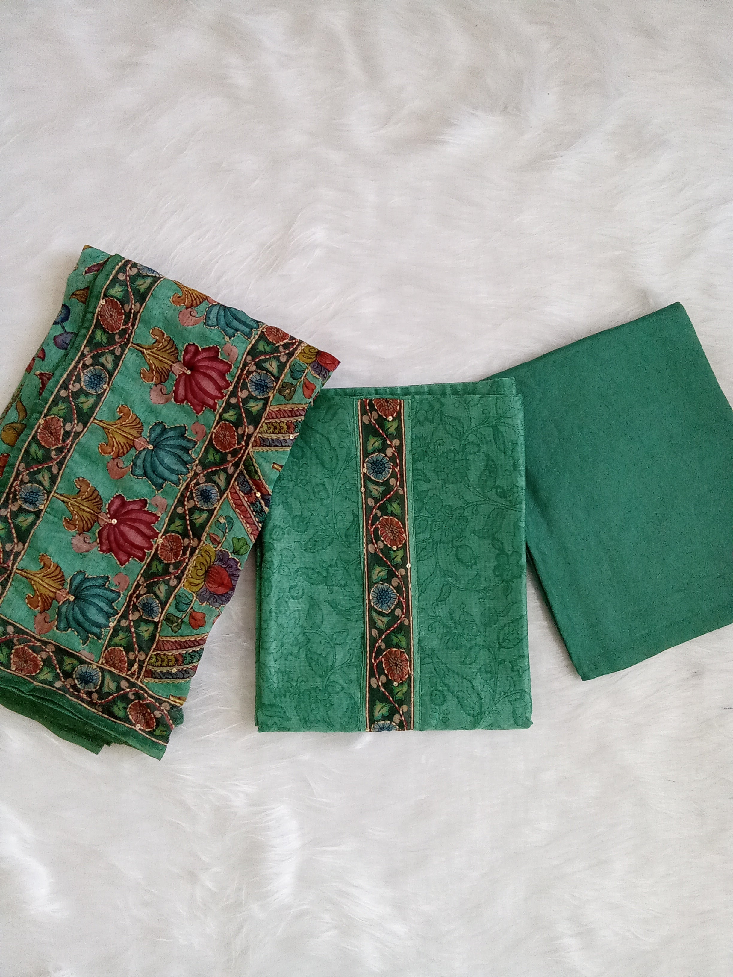 Green Salwar Kameez with Kantha Work Dupatta & Plain Bottom
