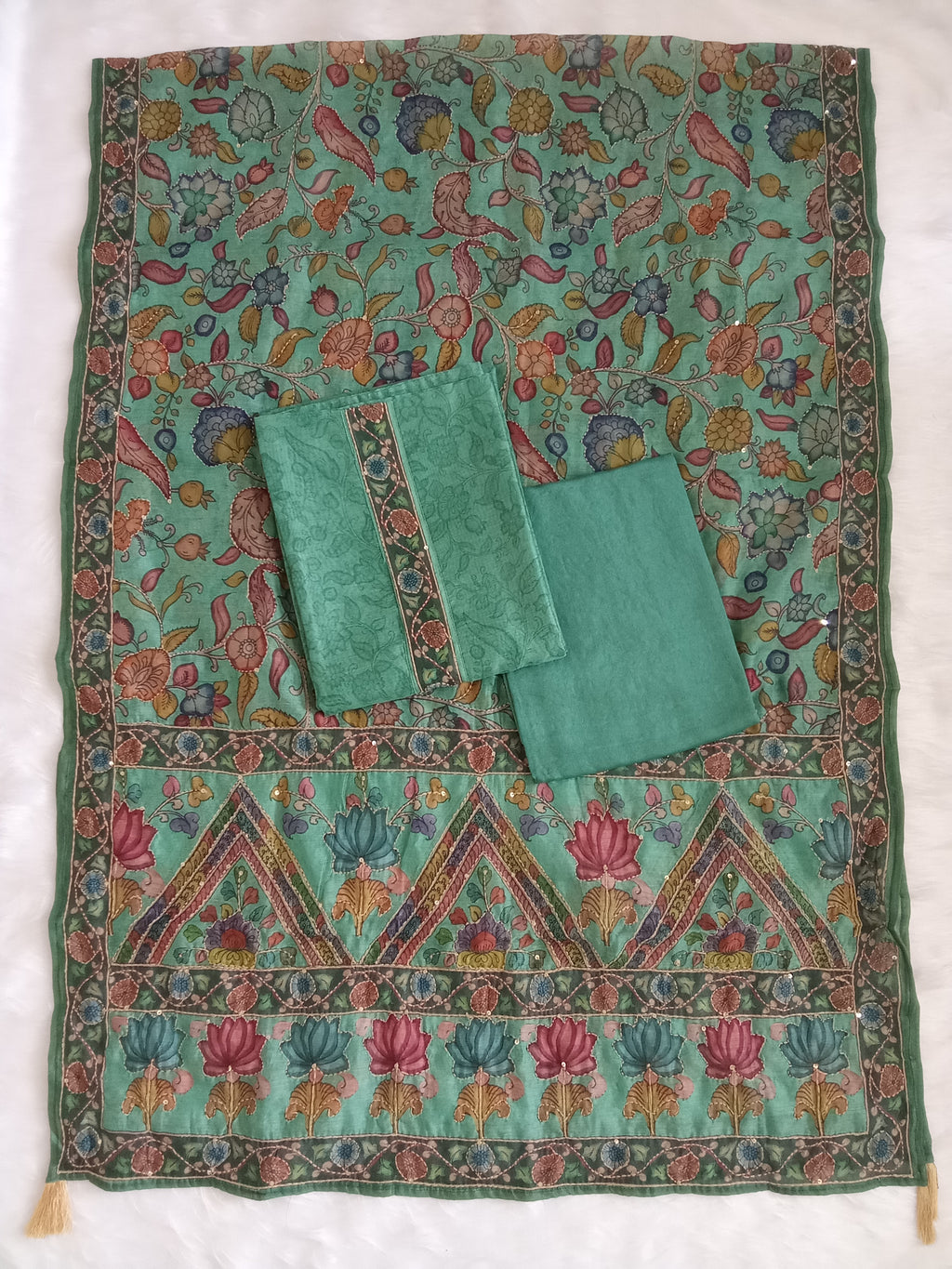 Green Salwar Kameez with Kantha Work Dupatta & Plain Bottom