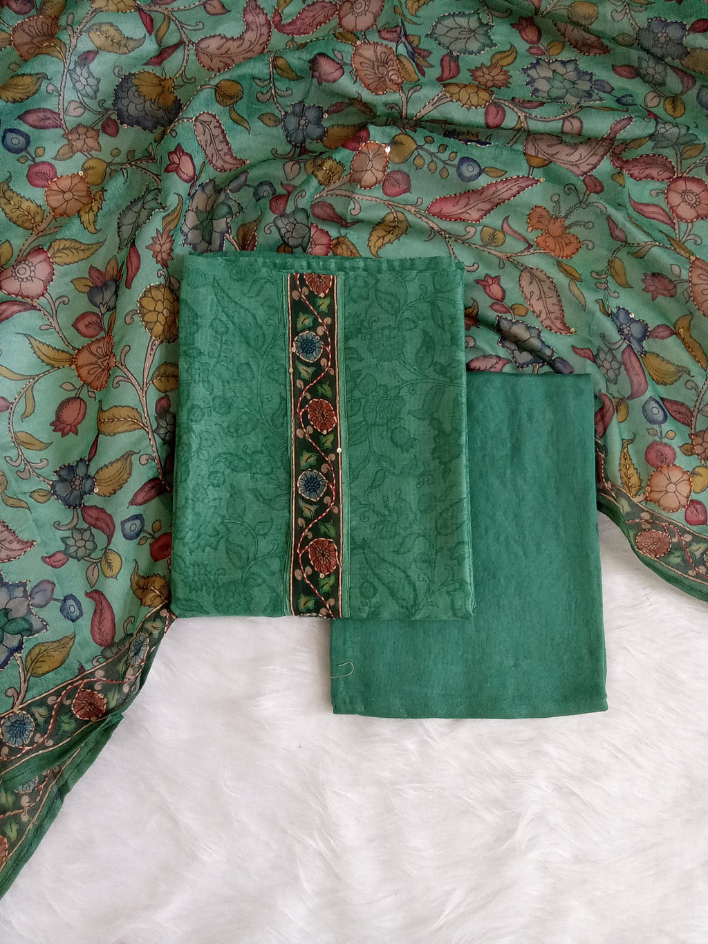 Green Salwar Kameez with Kantha Work Dupatta & Plain Bottom