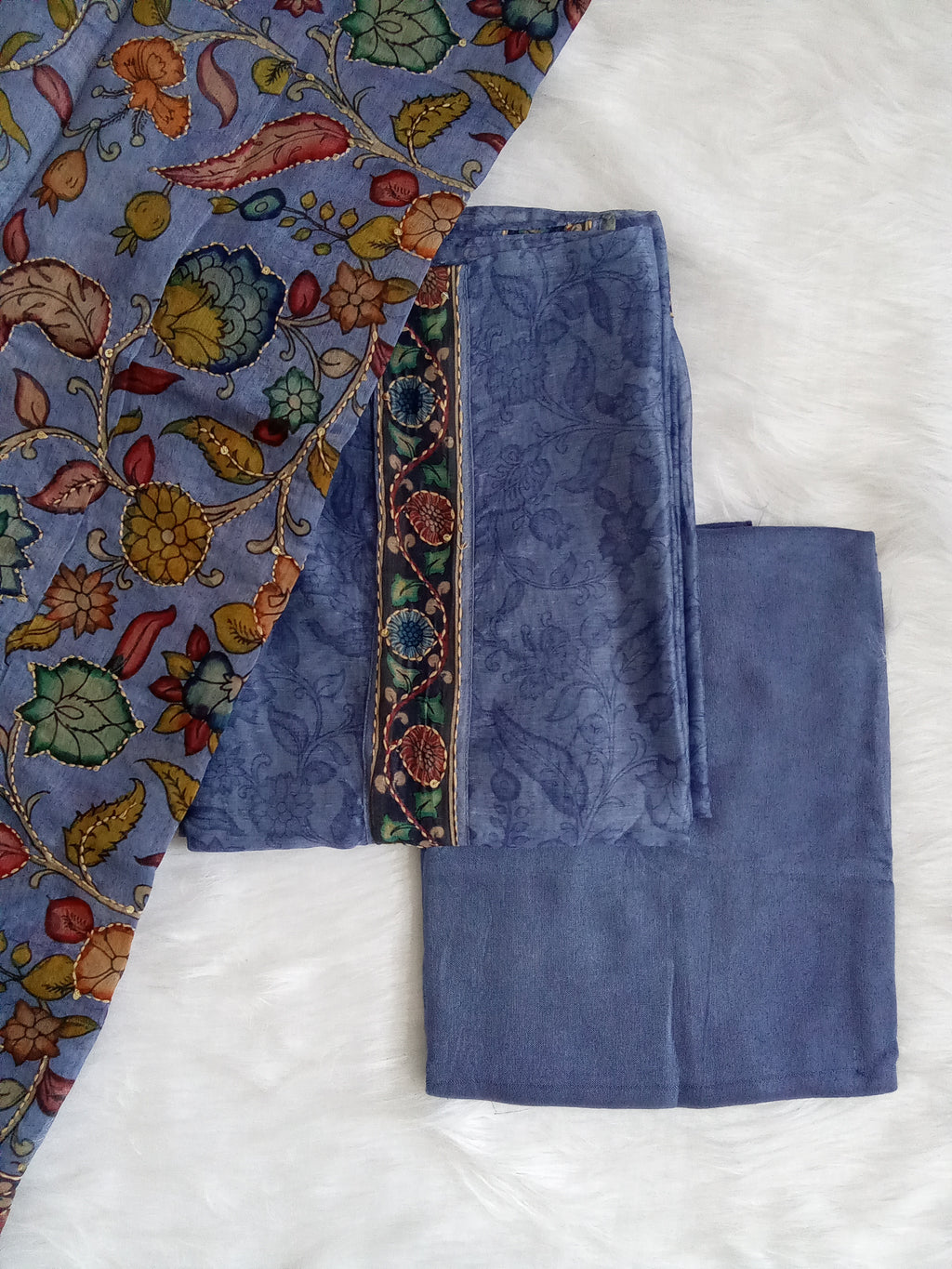 Blue Salwar Kameez with Kantha Work Dupatta & Plain Bottom