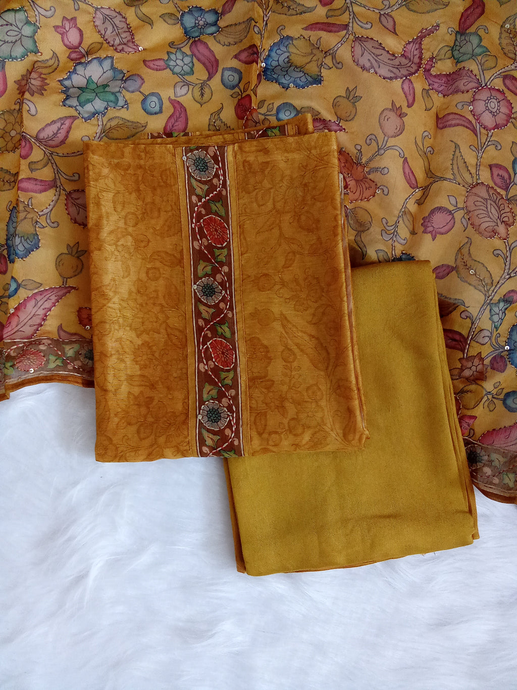 Mustard Yellow Salwar Kameez with Kantha Work Dupatta & Plain Bottom