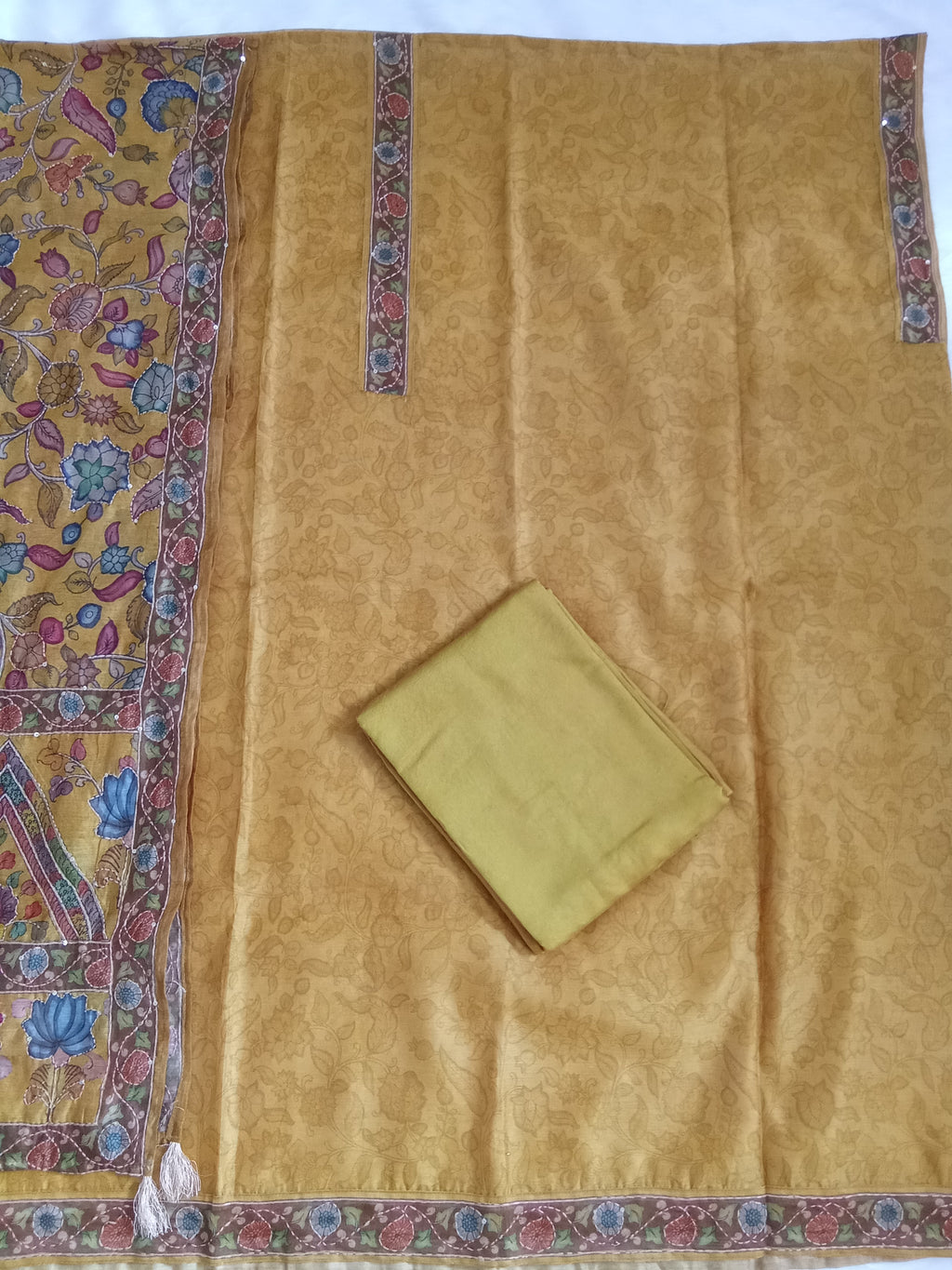 Mustard Yellow Salwar Kameez with Kantha Work Dupatta & Plain Bottom