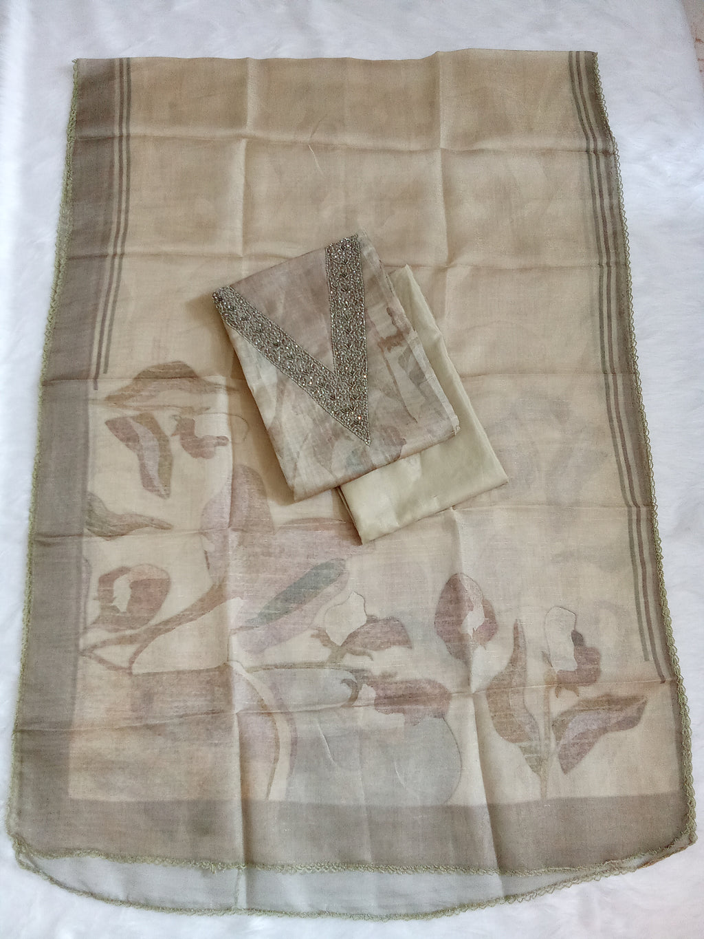 Cream Organza Unstitched Salwar Kameez with Embroidered Neck & Santoon Bottom