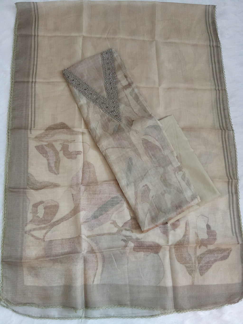 Cream Organza Unstitched Salwar Kameez with Embroidered Neck & Santoon Bottom