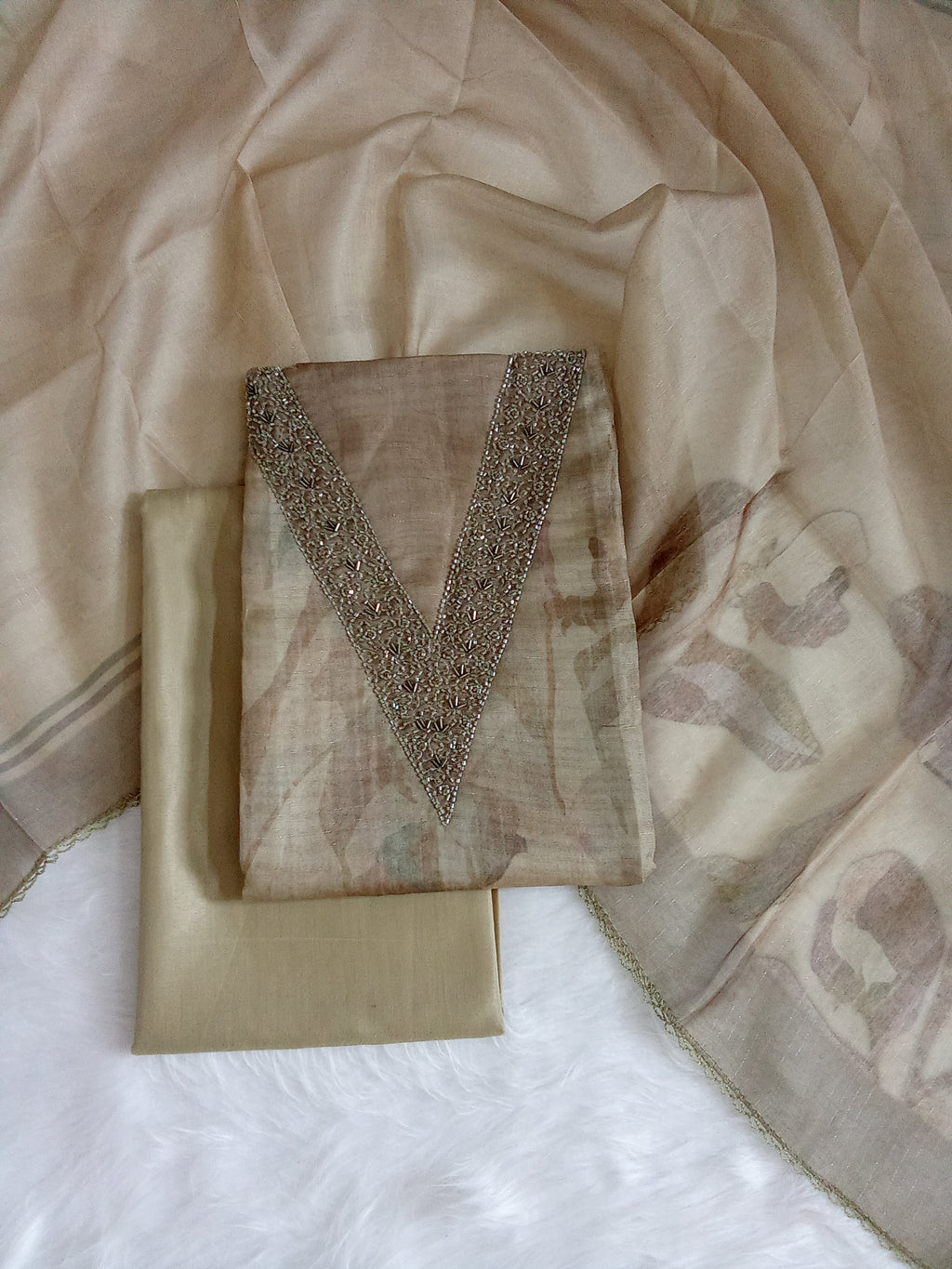 Cream Organza Unstitched Salwar Kameez with Embroidered Neck & Santoon Bottom