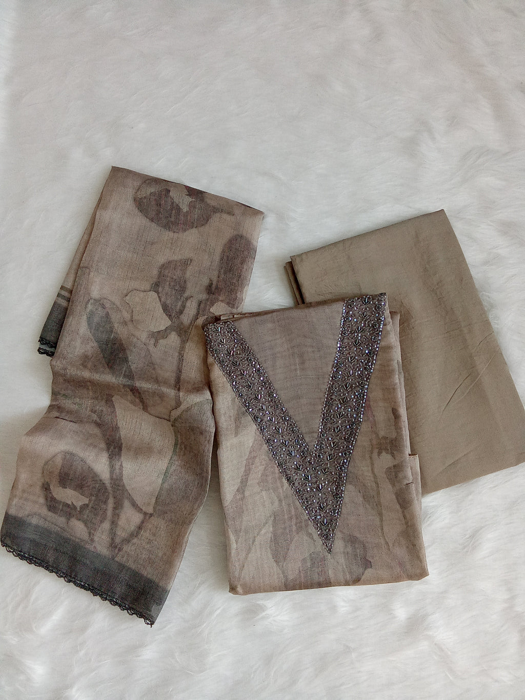 Dusty Grey Organza Unstitched Salwar Kameez with Embroidered Neck & Santoon Bottom