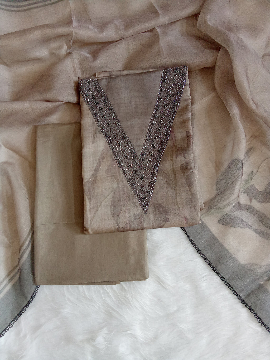 Dusty Grey Organza Unstitched Salwar Kameez with Embroidered Neck & Santoon Bottom