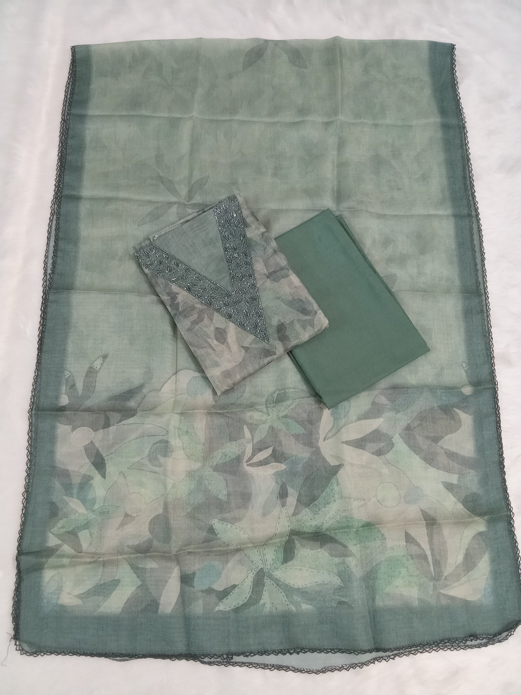 Sage Green Organza Unstitched Salwar Kameez with Embroidered Neck & Santoon Bottom