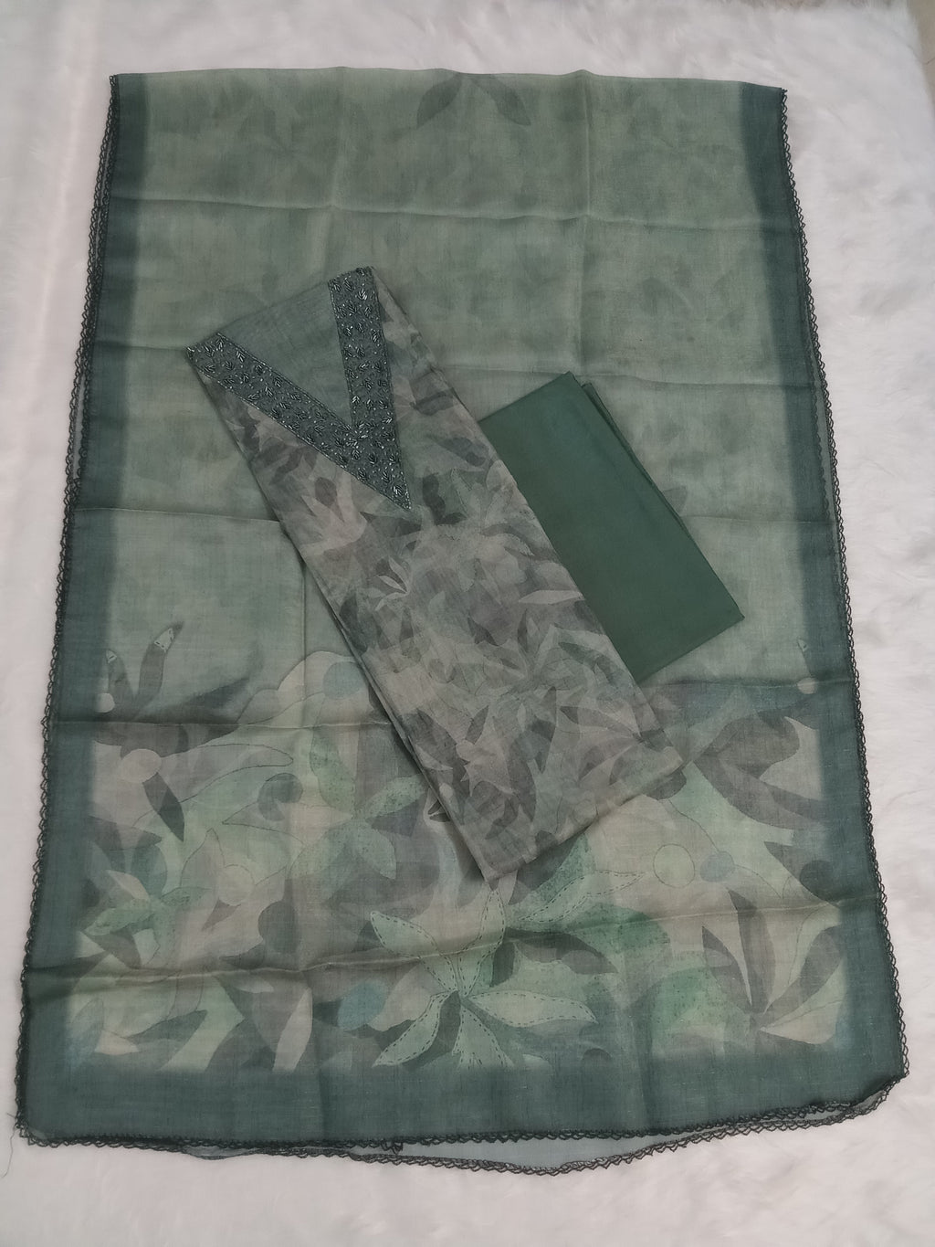 Sage Green Organza Unstitched Salwar Kameez with Embroidered Neck & Santoon Bottom