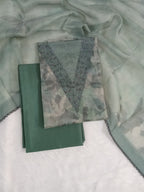 Sage Green Organza Unstitched Salwar Kameez with Embroidered Neck & Santoon Bottom