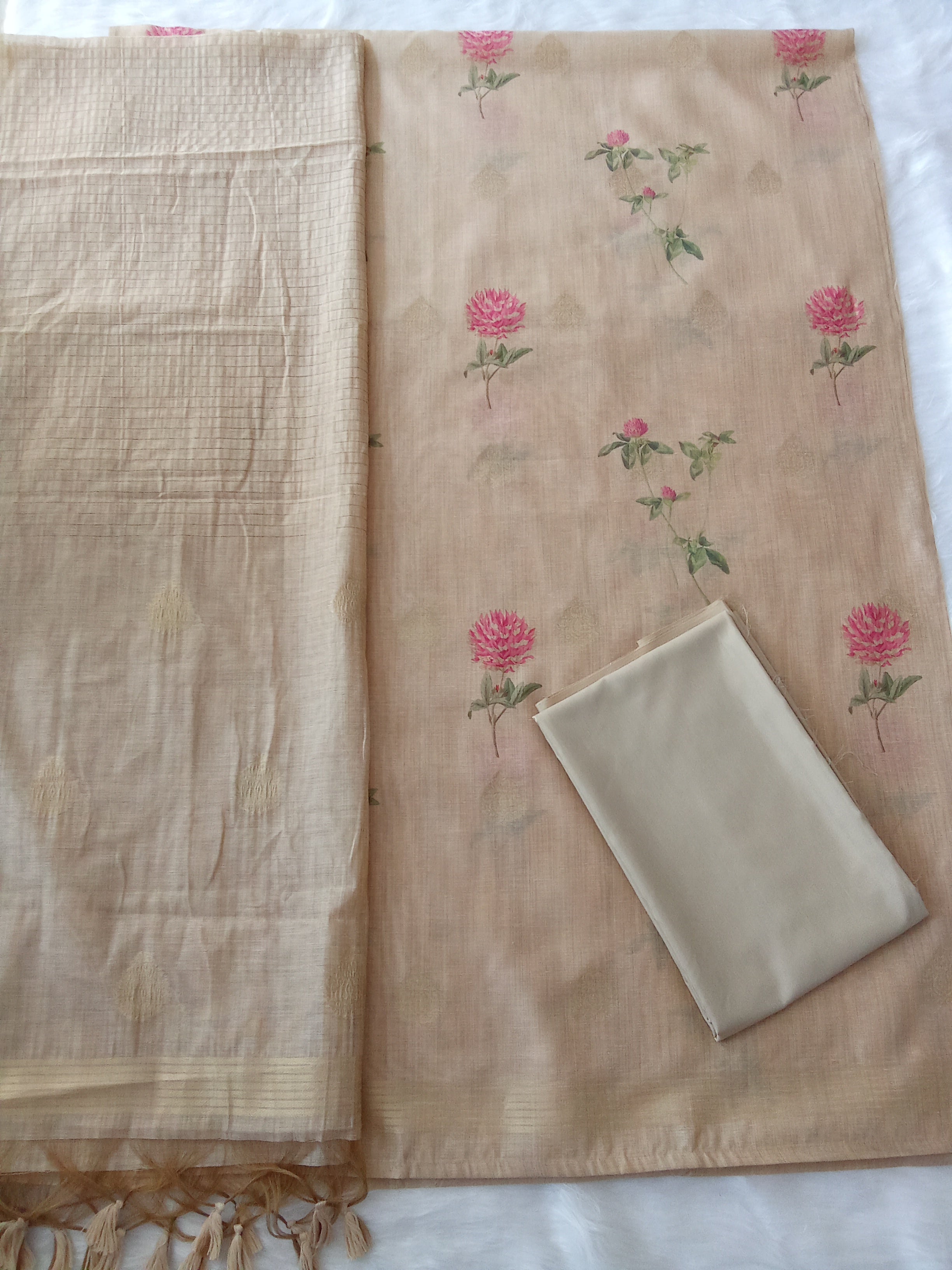 Beige Jamdani Silk Floral Printed Unstitched Salwar Kameez Suit