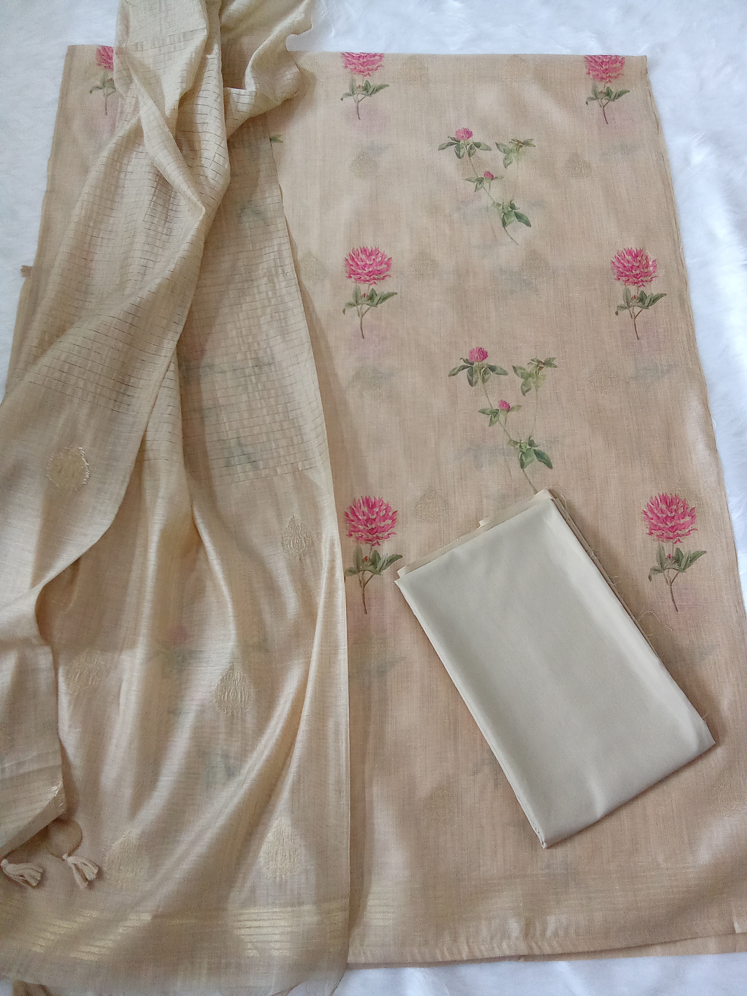 Beige Jamdani Silk Floral Printed Unstitched Salwar Kameez Suit