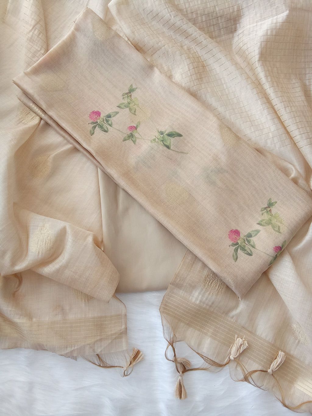 Beige Jamdani Silk Floral Printed Unstitched Salwar Kameez Suit