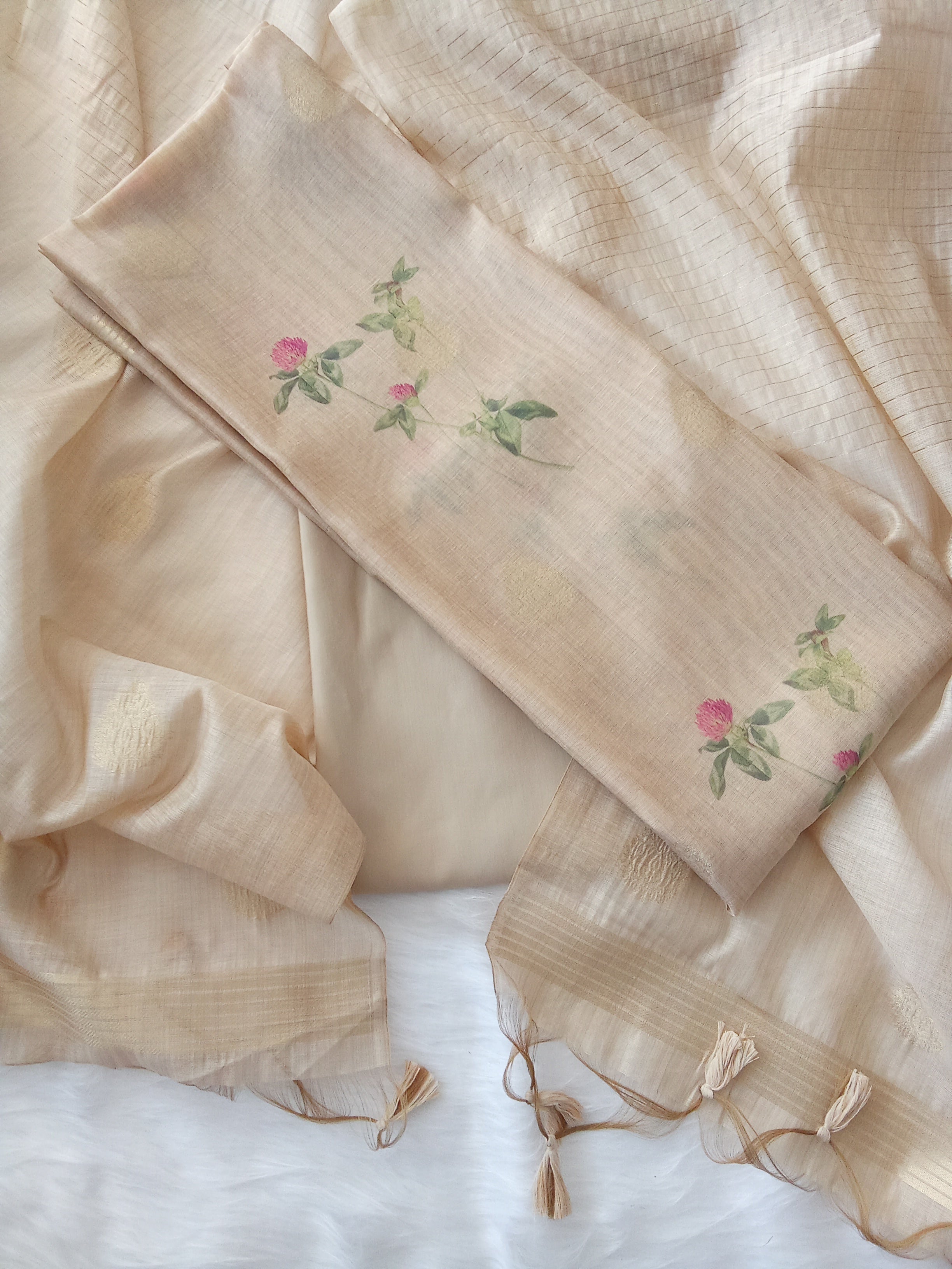 Beige Jamdani Silk Floral Printed Unstitched Salwar Kameez Suit