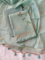 Green Jamdani Silk Floral Printed Unstitched Salwar Kameez Suit