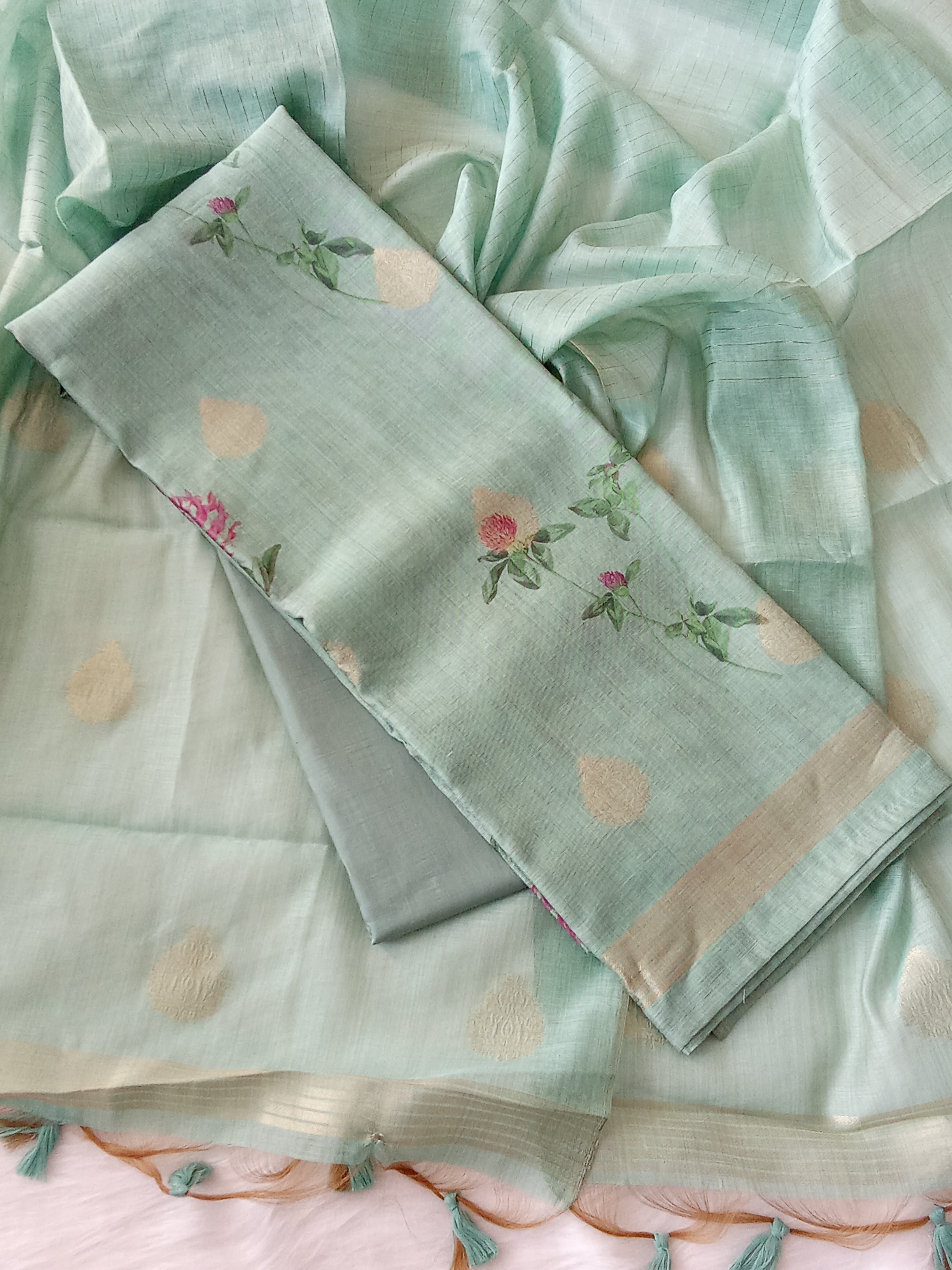 Green Jamdani Silk Floral Printed Unstitched Salwar Kameez Suit