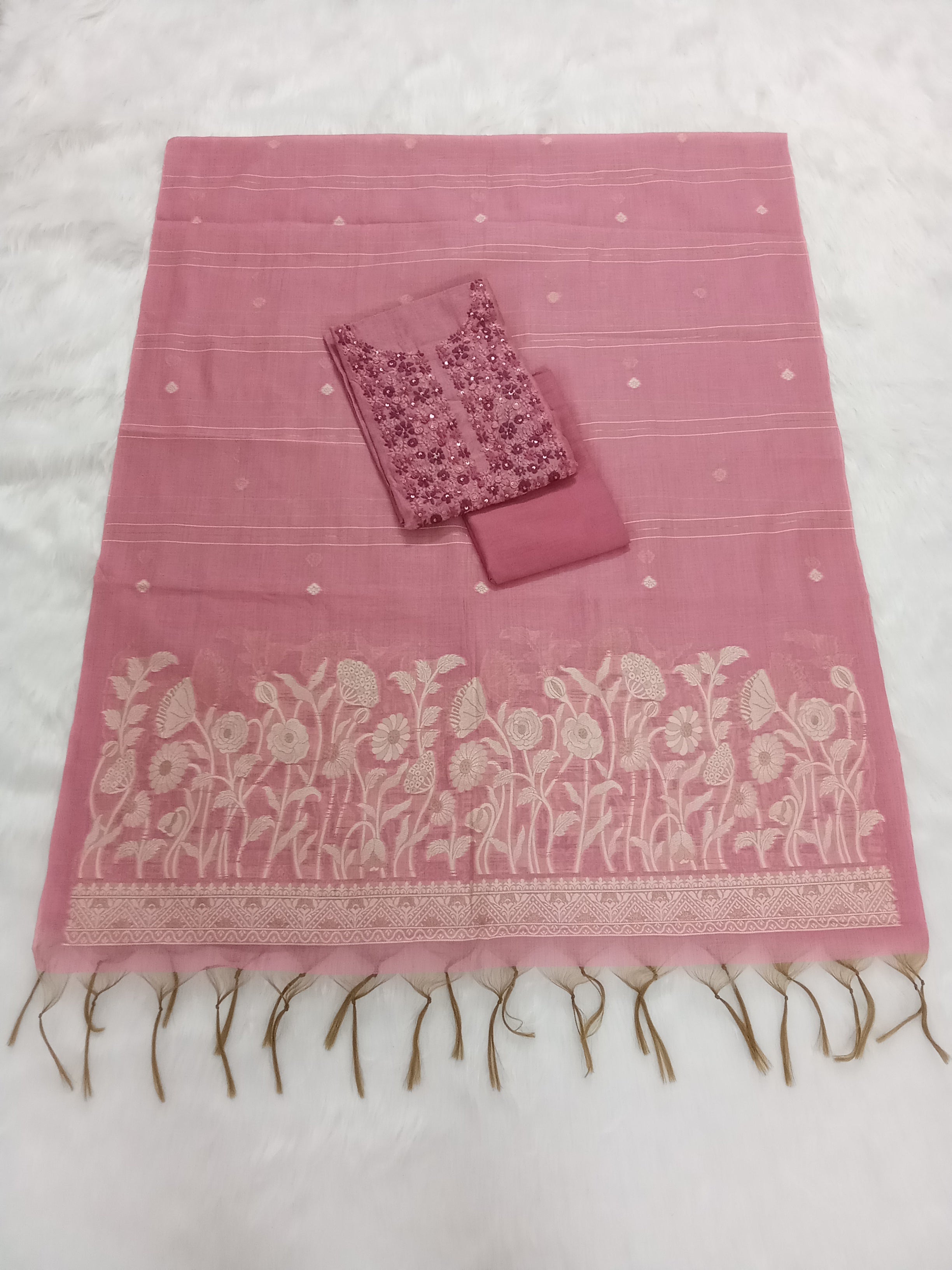 Rose Pink Jamdani Silk Salwar Kameez Suit with Jamdani Dupatta