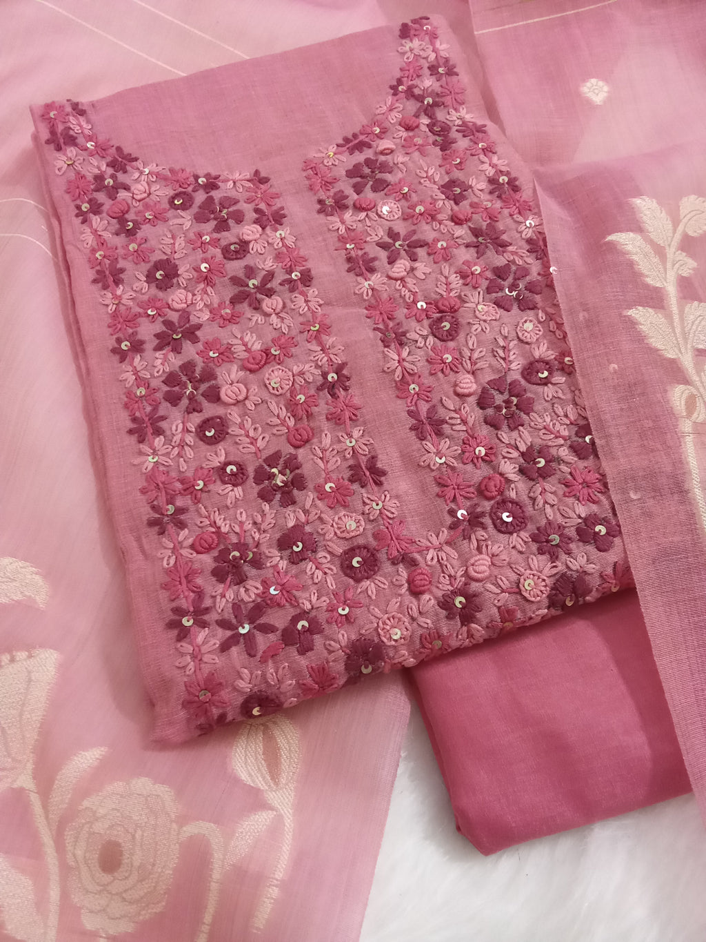 Rose Pink Jamdani Silk Salwar Kameez Suit with Jamdani Dupatta