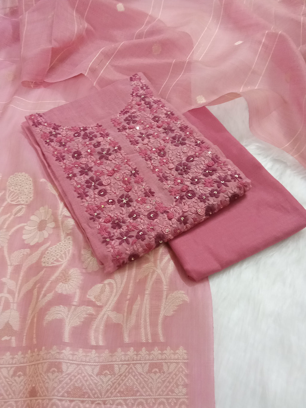 Rose Pink Jamdani Silk Salwar Kameez Suit with Jamdani Dupatta