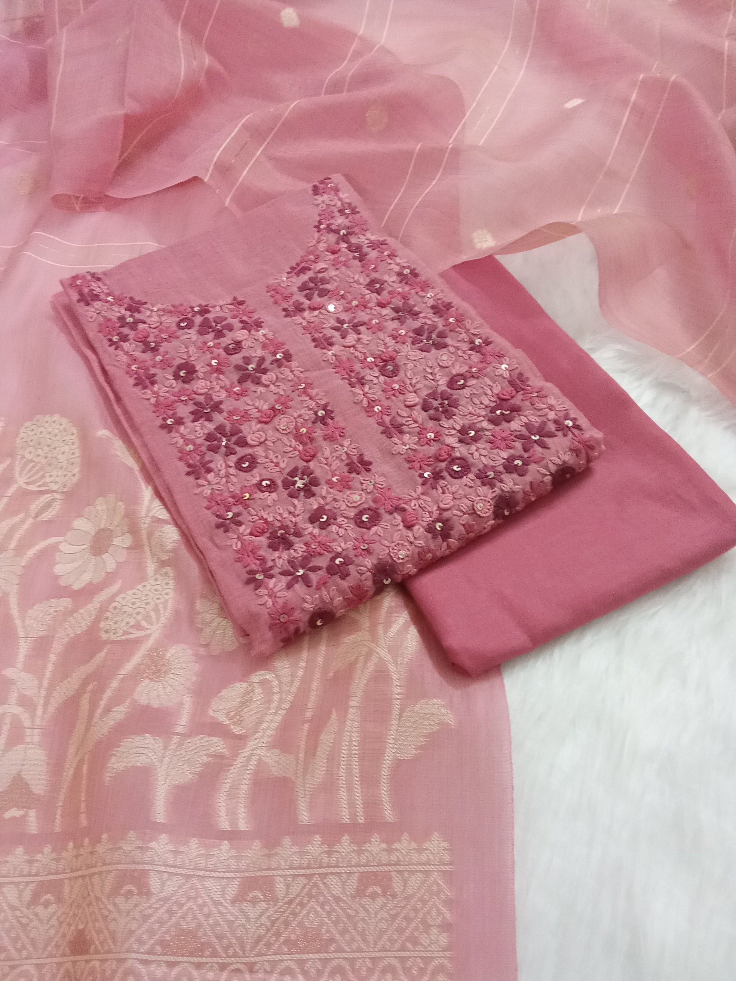 Rose Pink Jamdani Silk Salwar Kameez Suit with Jamdani Dupatta
