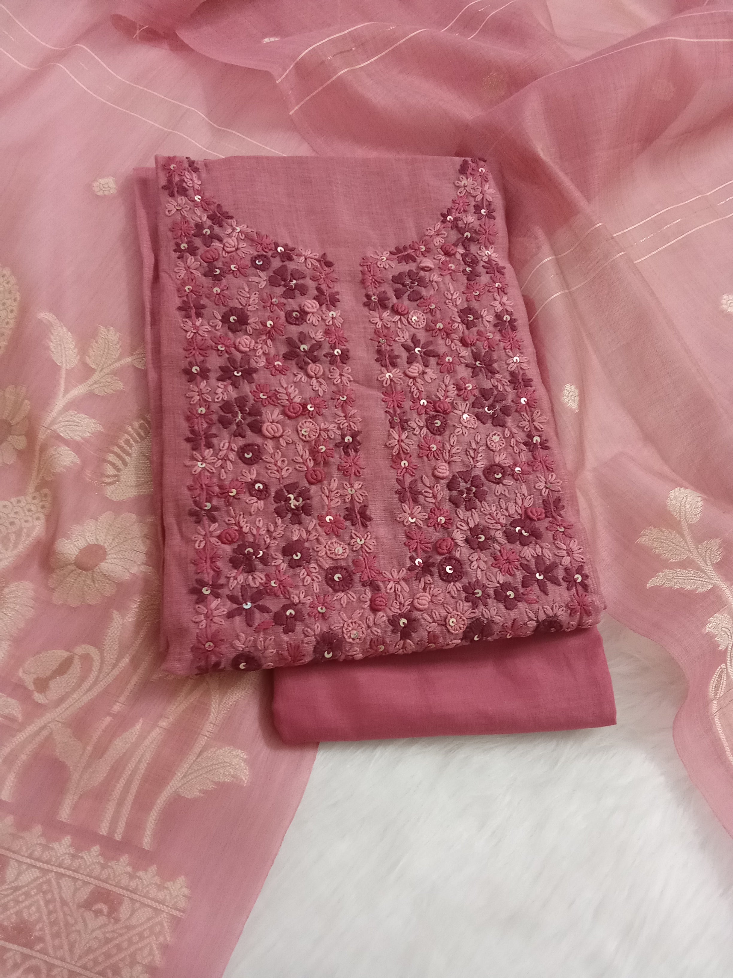 Rose Pink Jamdani Silk Salwar Kameez Suit with Jamdani Dupatta