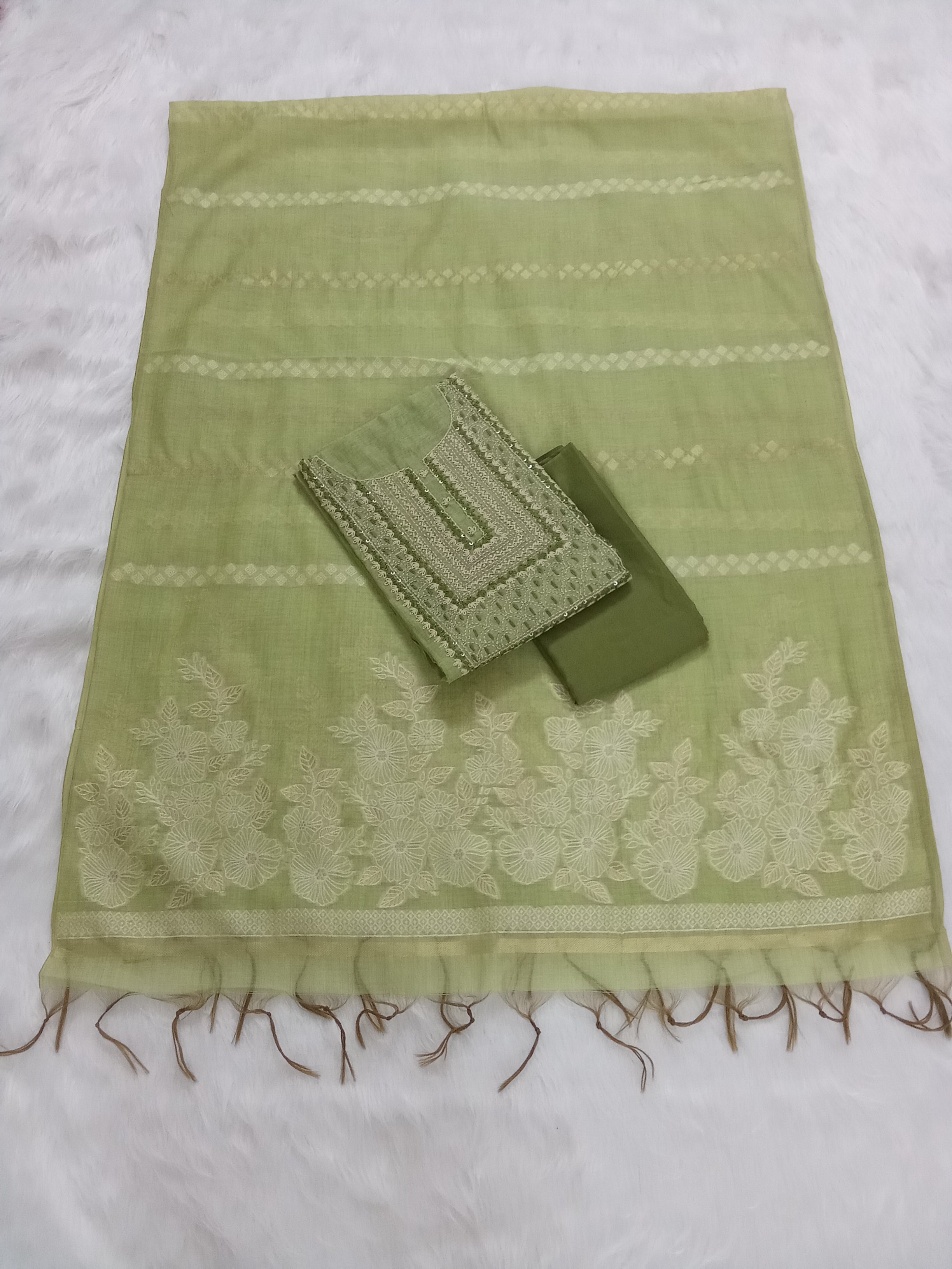 Yellowish-Green Jamdani Silk Salwar Kameez Suit with Jamdani Dupatta