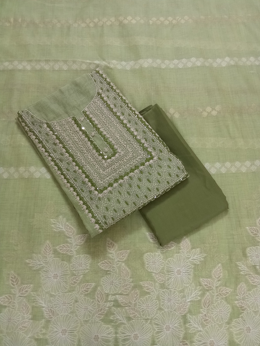 Yellowish-Green Jamdani Silk Salwar Kameez Suit with Jamdani Dupatta