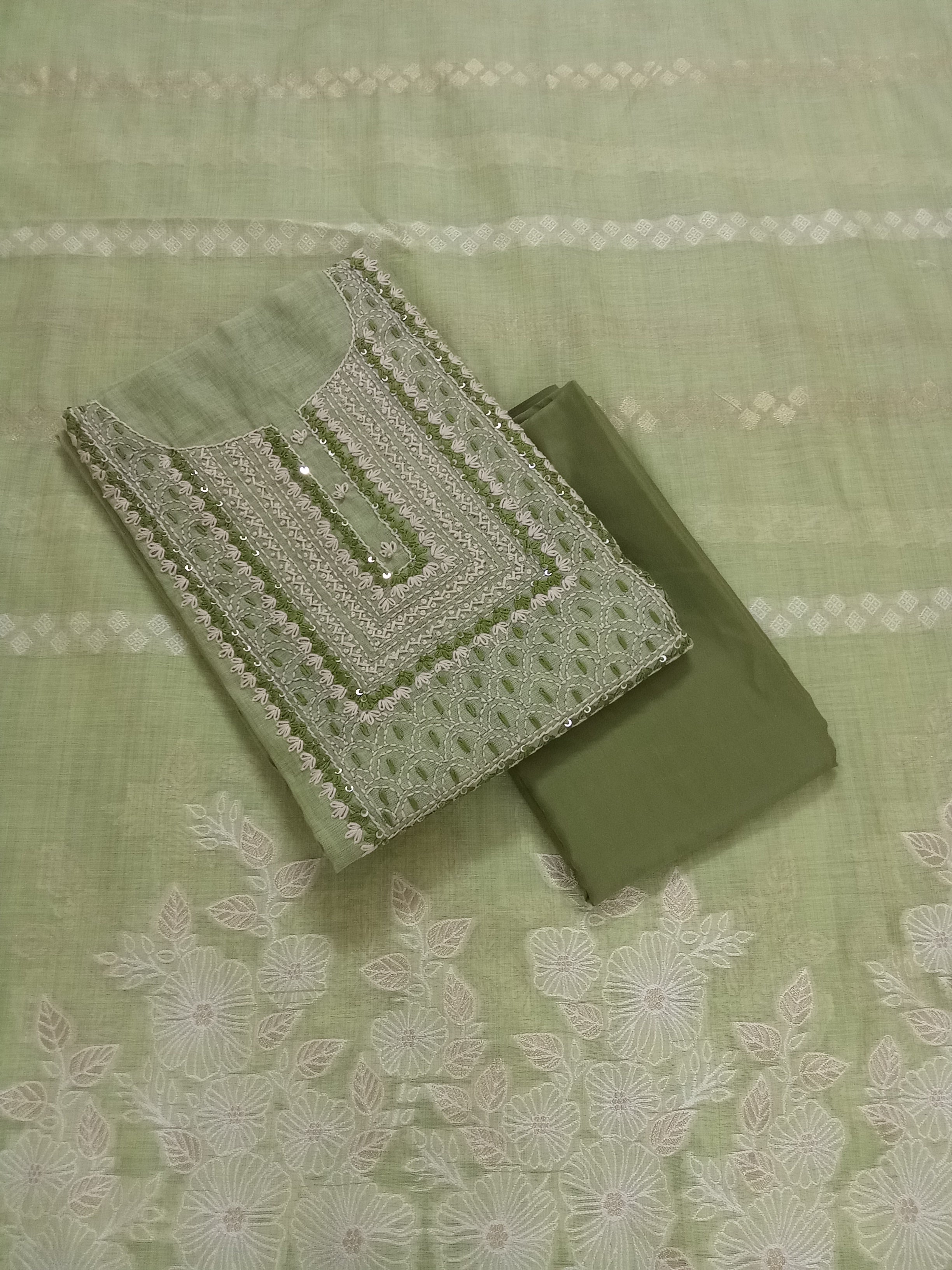 Yellowish-Green Jamdani Silk Salwar Kameez Suit with Jamdani Dupatta