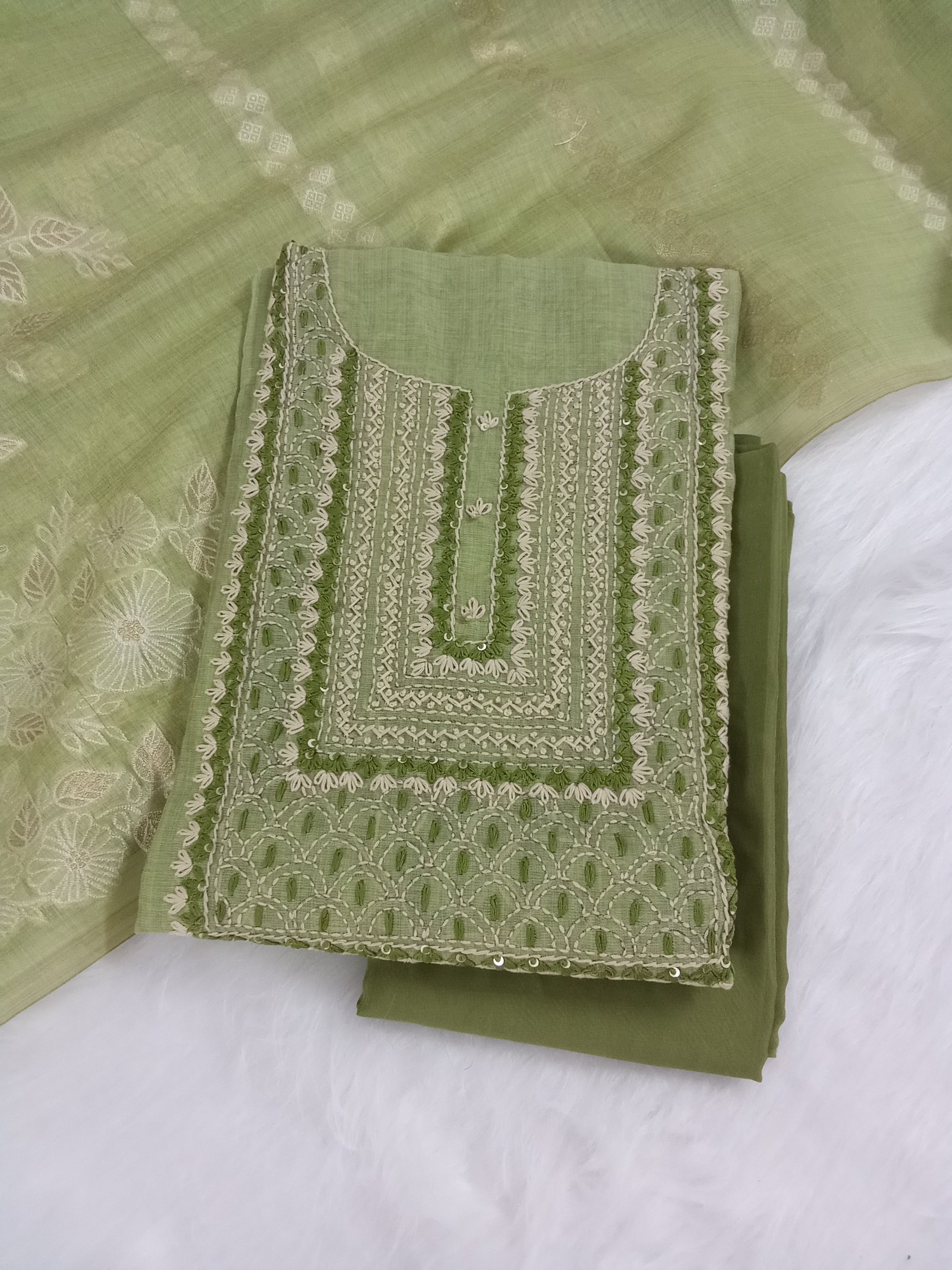Yellowish-Green Jamdani Silk Salwar Kameez Suit with Jamdani Dupatta
