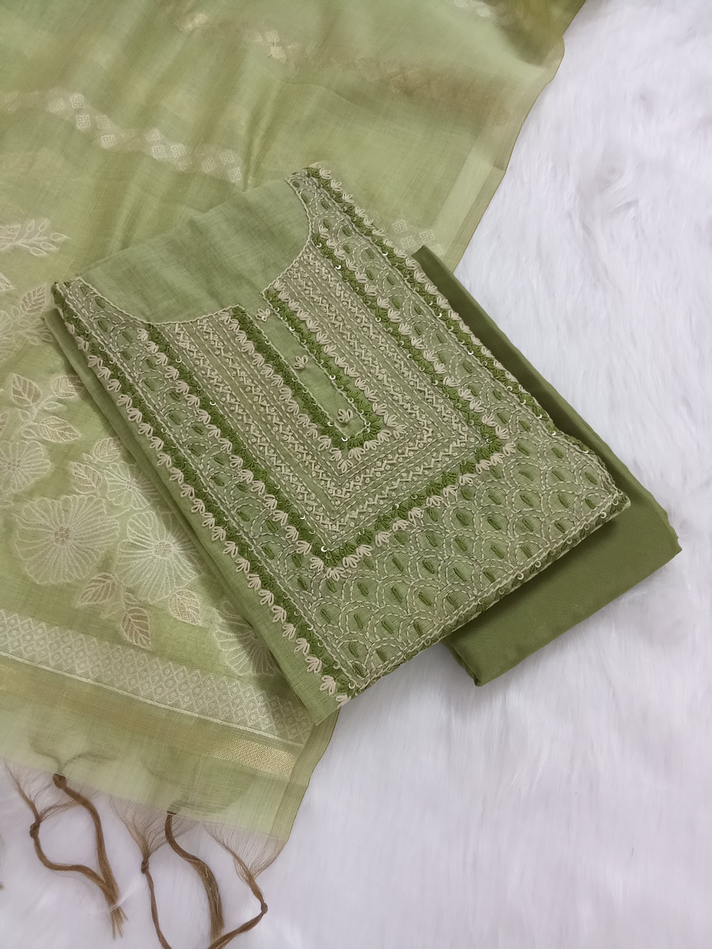 Yellowish-Green Jamdani Silk Salwar Kameez Suit with Jamdani Dupatta