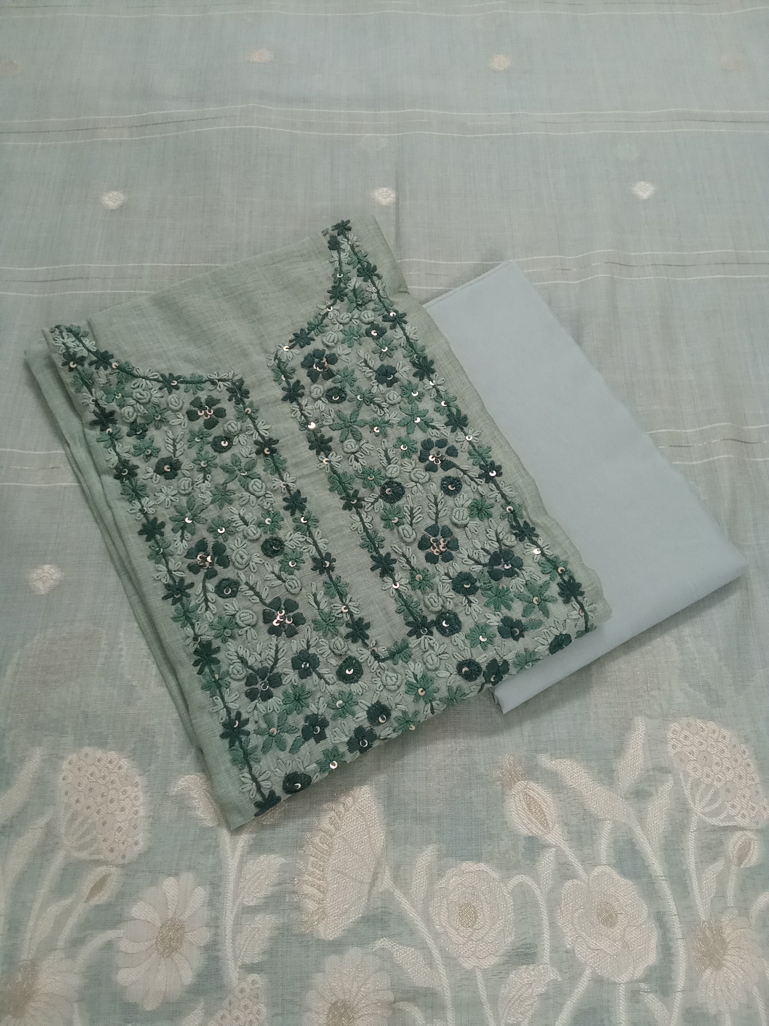 Green Jamdani Silk Salwar Kameez Suit with Jamdani Dupatta