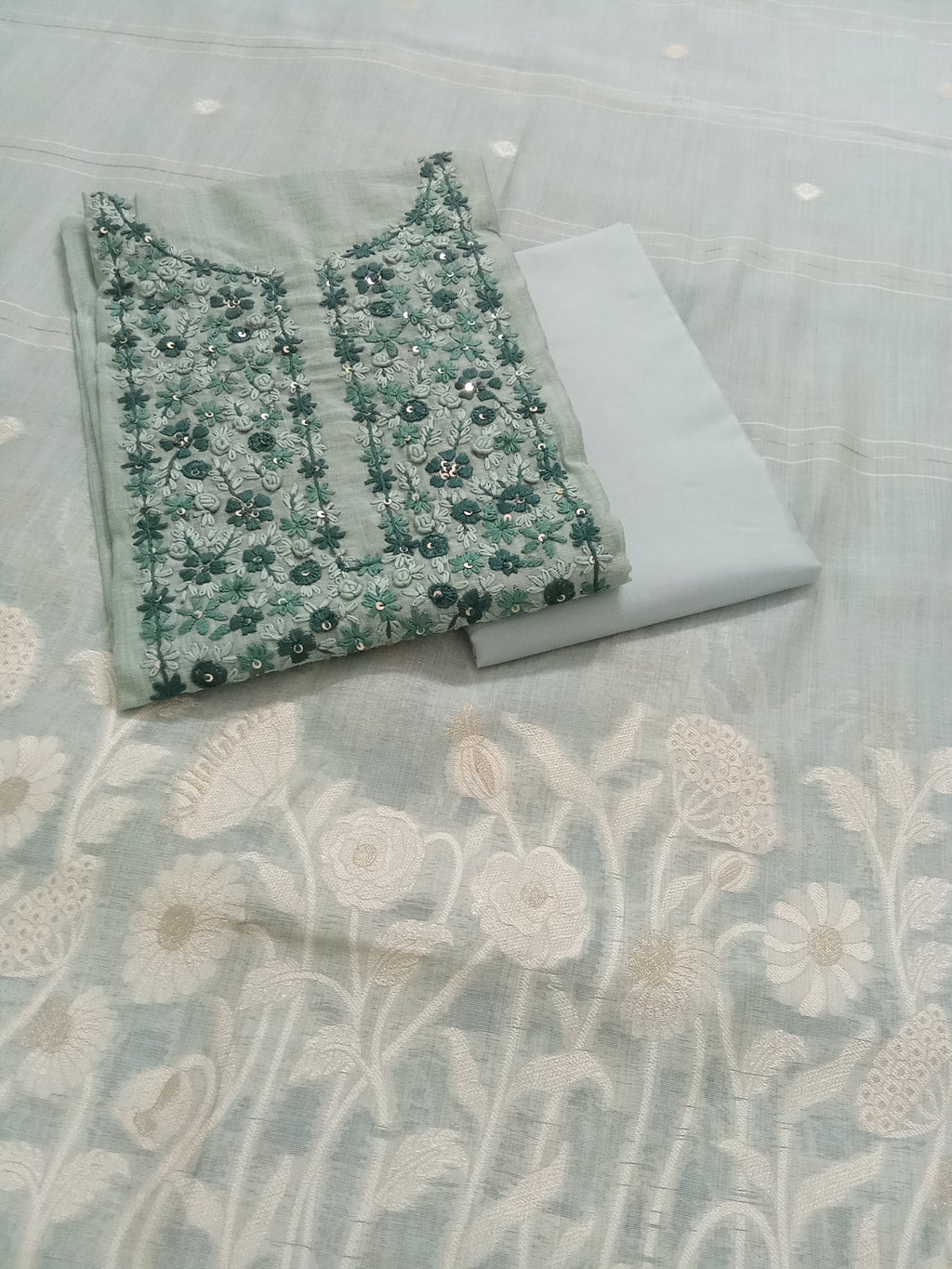 Green Jamdani Silk Salwar Kameez Suit with Jamdani Dupatta