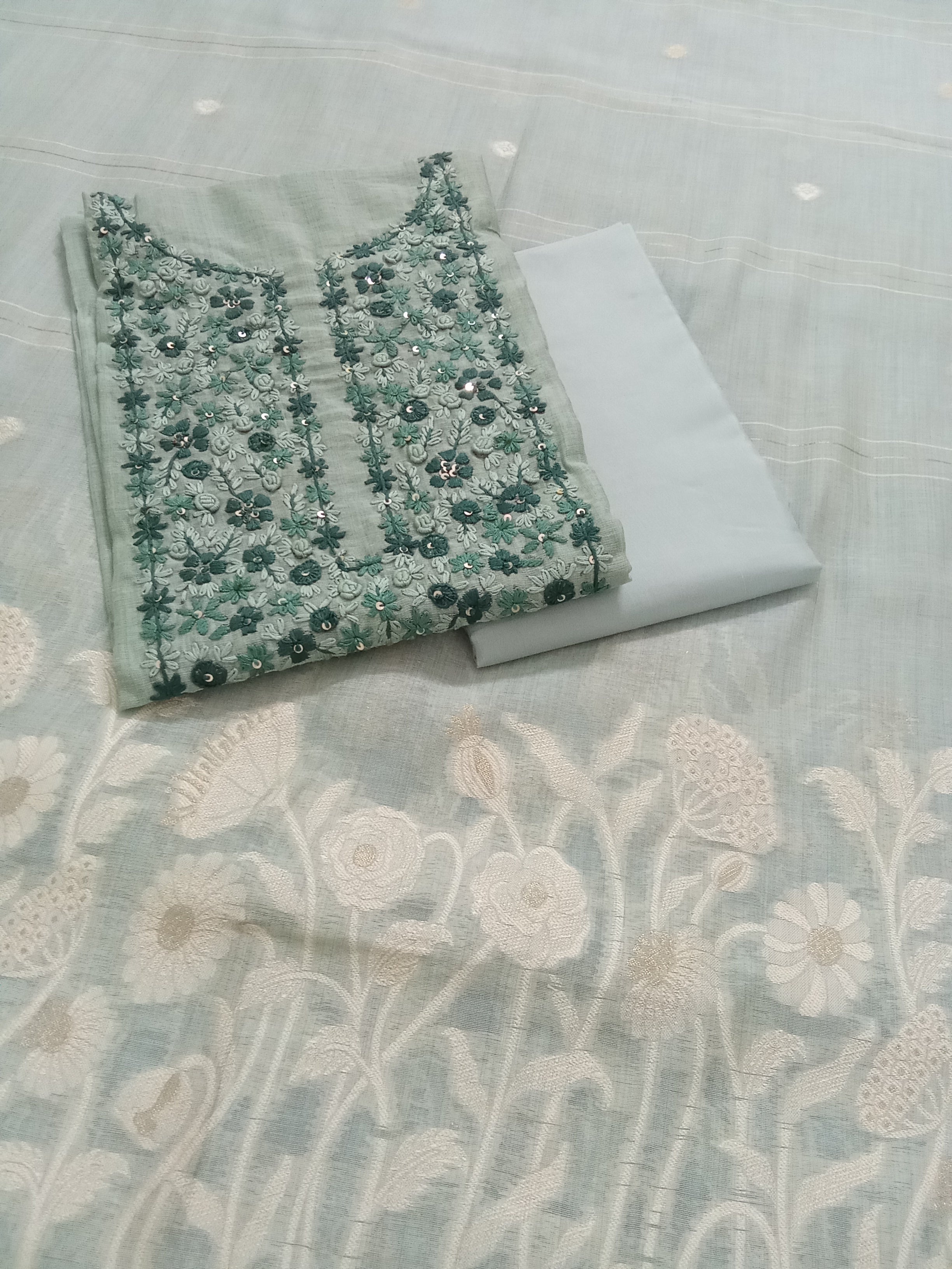 Green Jamdani Silk Salwar Kameez Suit with Jamdani Dupatta