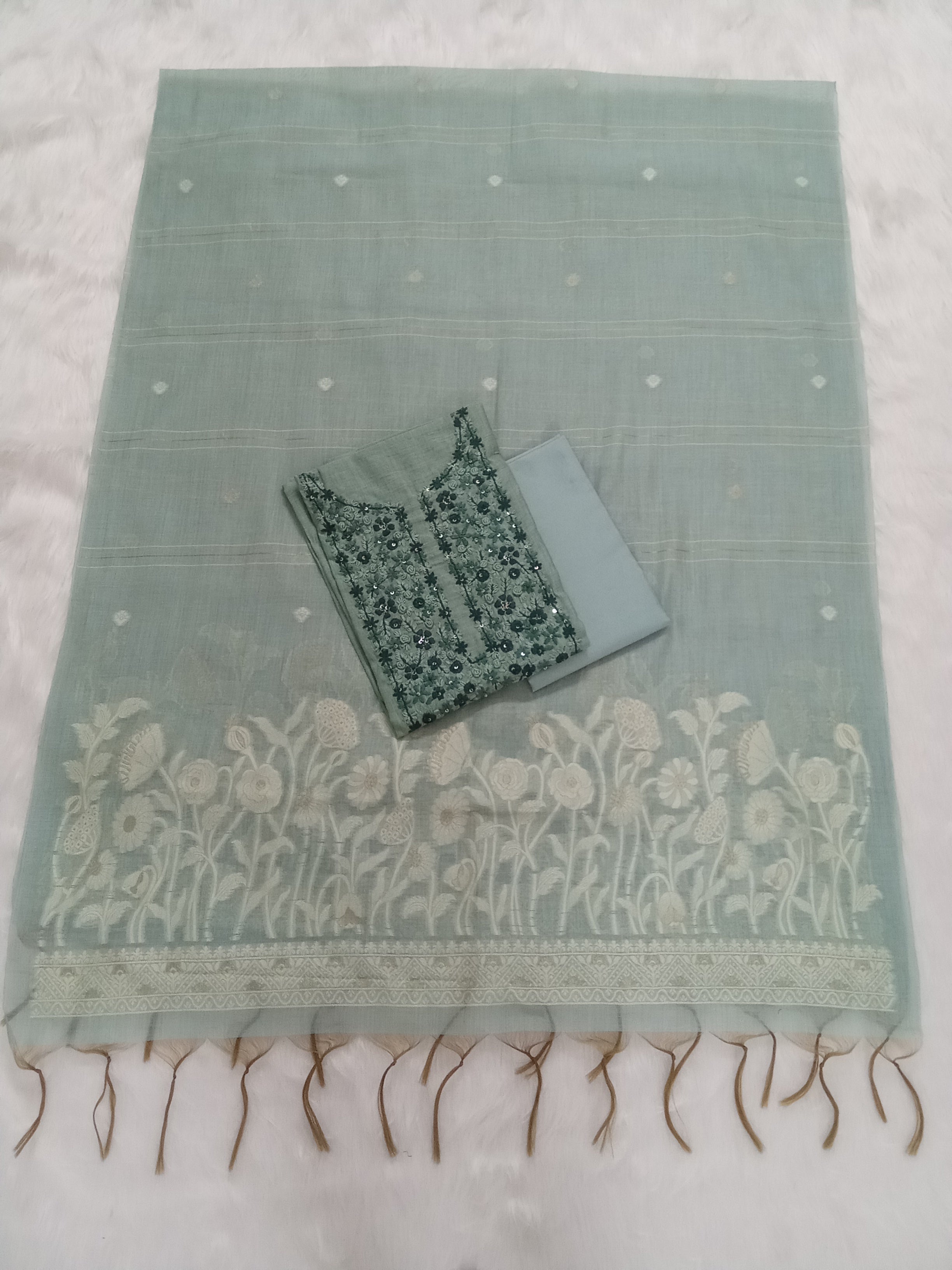 Green Jamdani Silk Salwar Kameez Suit with Jamdani Dupatta