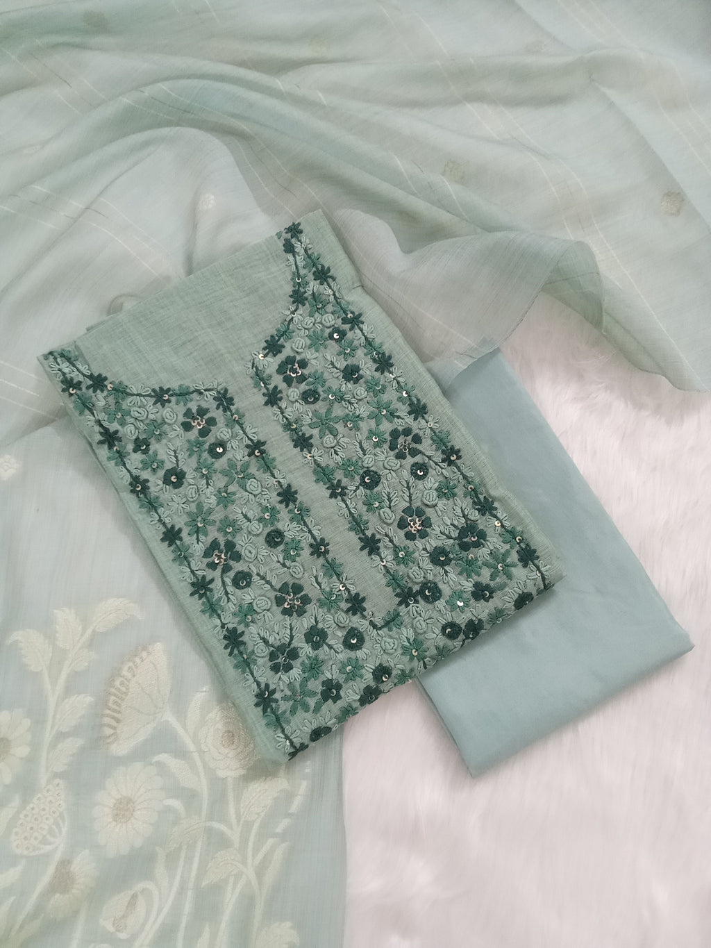 Green Jamdani Silk Salwar Kameez Suit with Jamdani Dupatta
