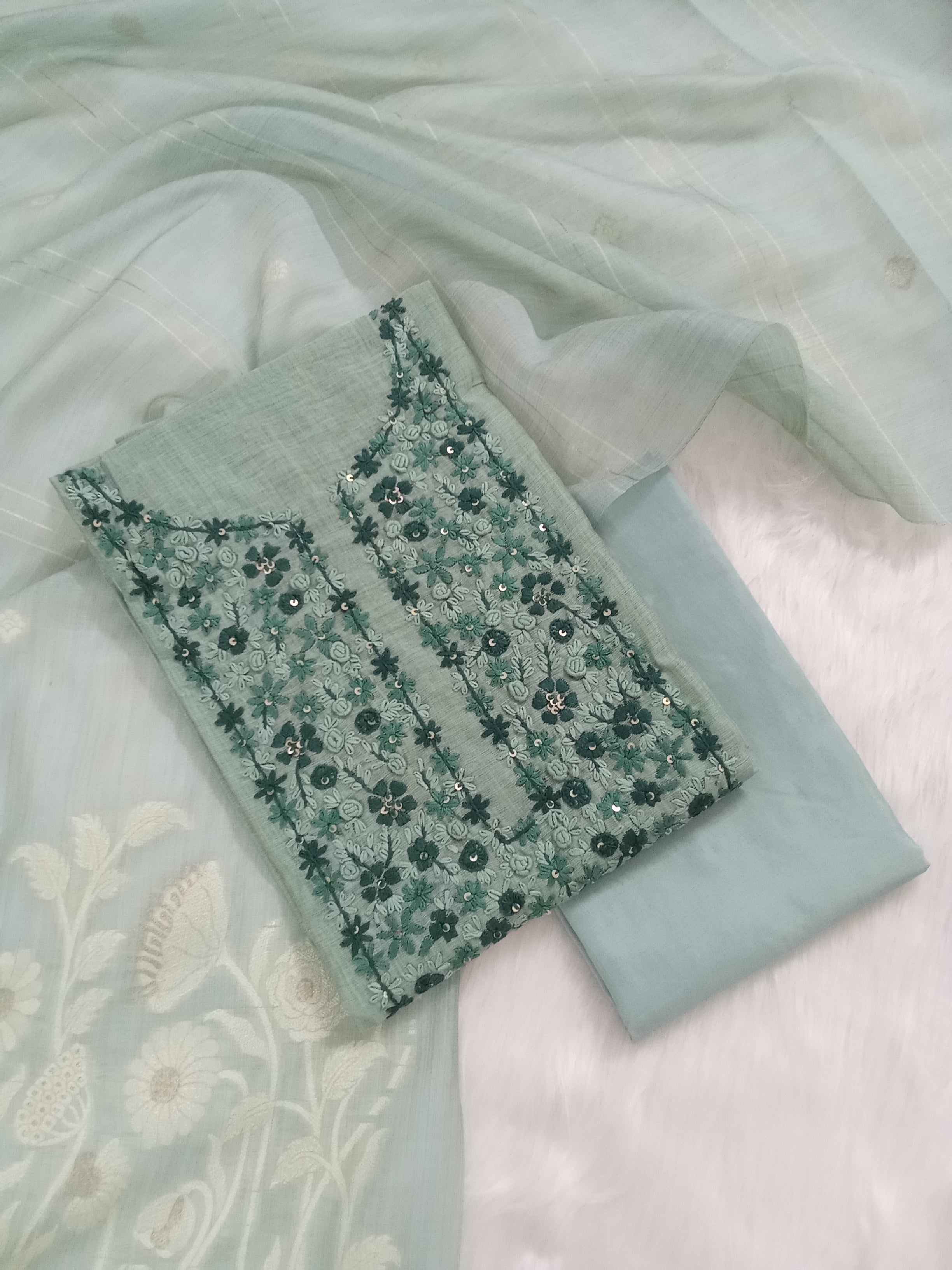 Green Jamdani Silk Salwar Kameez Suit with Jamdani Dupatta