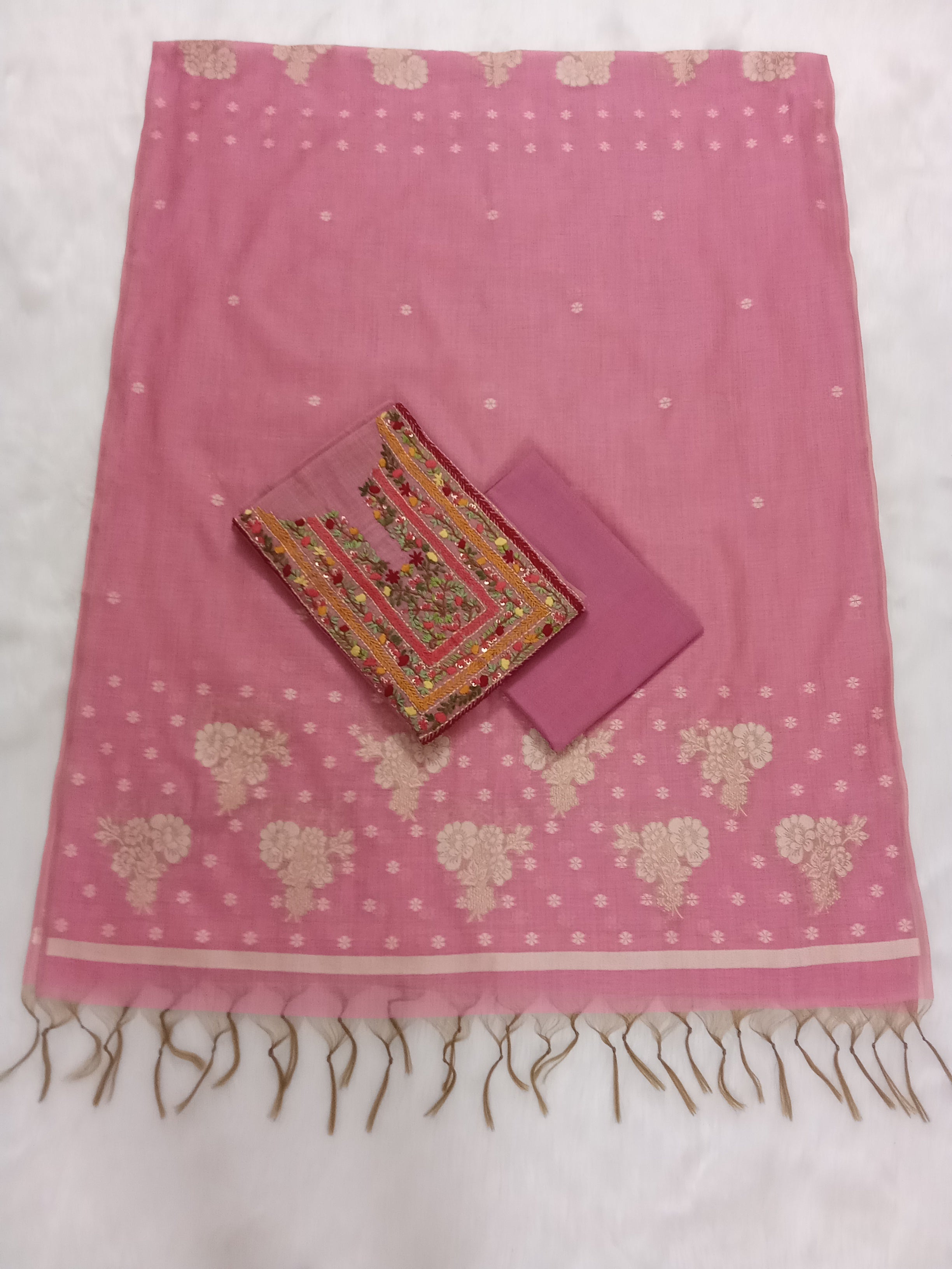 Pink Jamdani Silk Salwar Kameez Suit with Hand-Embroidered Floral Neckline