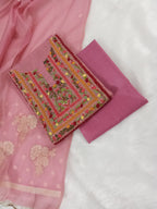 Pink Jamdani Silk Salwar Kameez Suit with Hand-Embroidered Floral Neckline