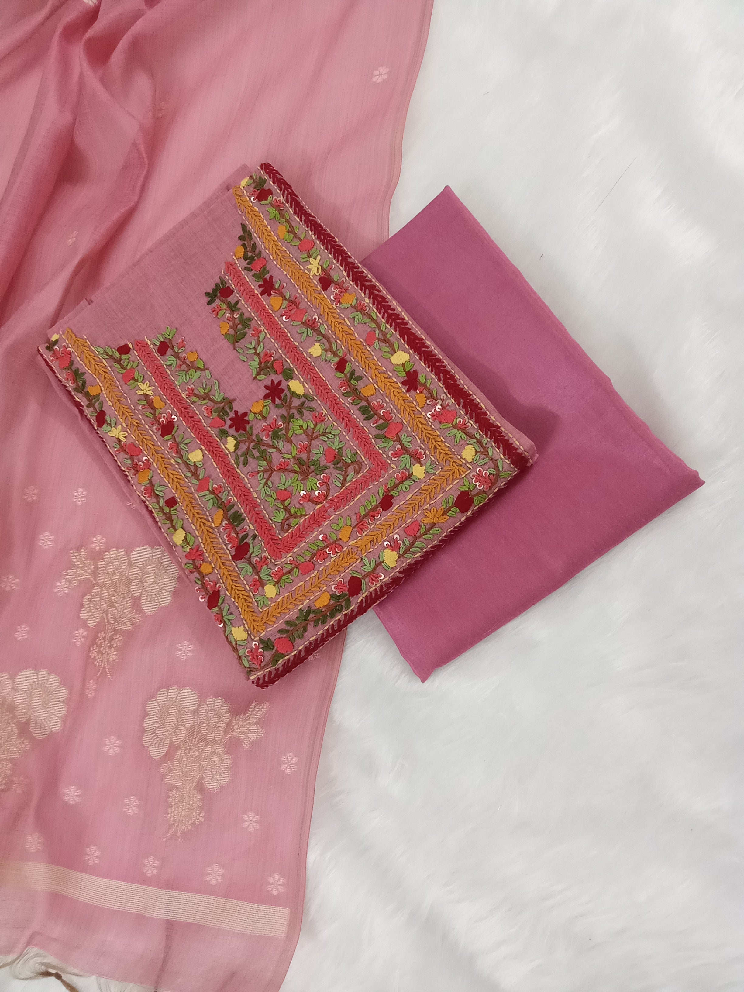 Pink Jamdani Silk Salwar Kameez Suit with Hand-Embroidered Floral Neckline