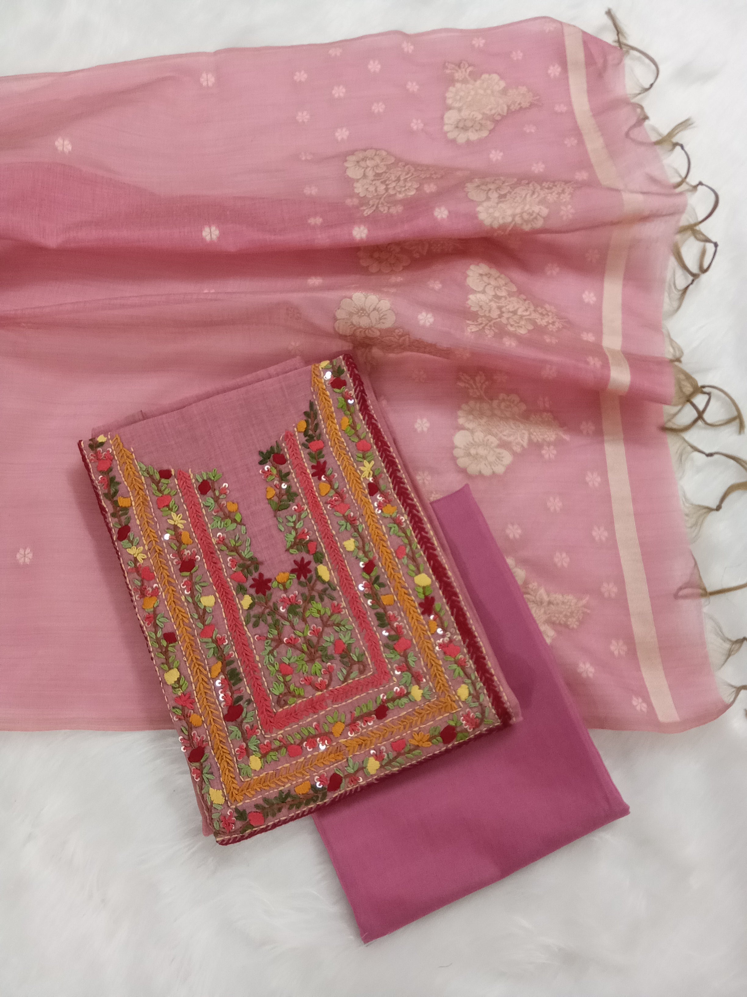 Pink Jamdani Silk Salwar Kameez Suit with Hand-Embroidered Floral Neckline