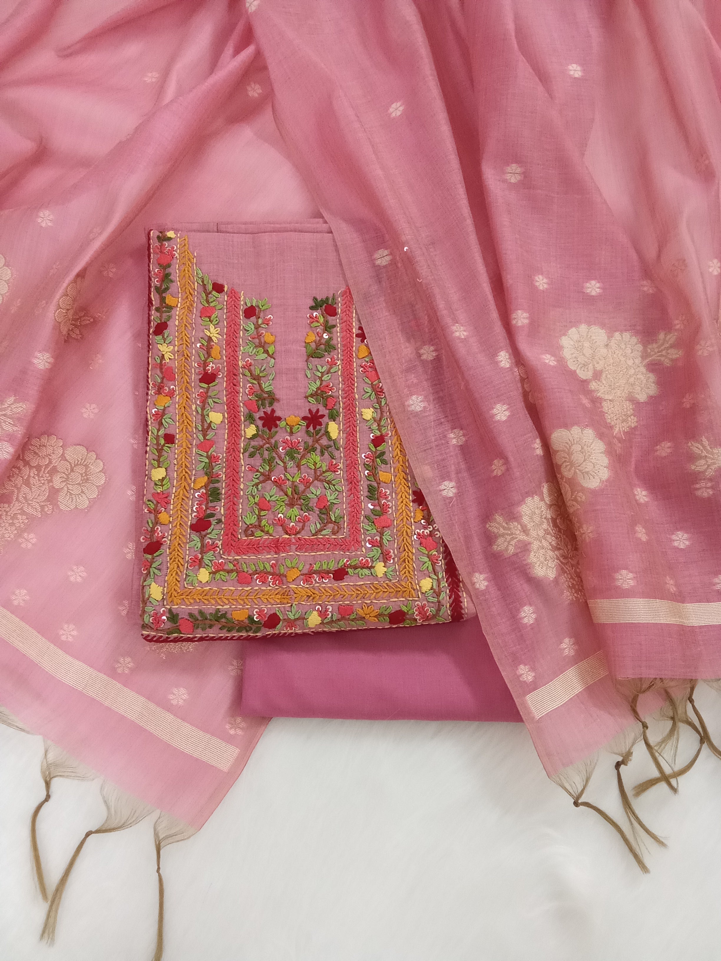 Pink Jamdani Silk Salwar Kameez Suit with Hand-Embroidered Floral Neckline