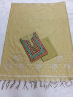 Yellowish-Green Jamdani Silk Salwar Kameez Suit with Hand-Embroidered Floral Neckline